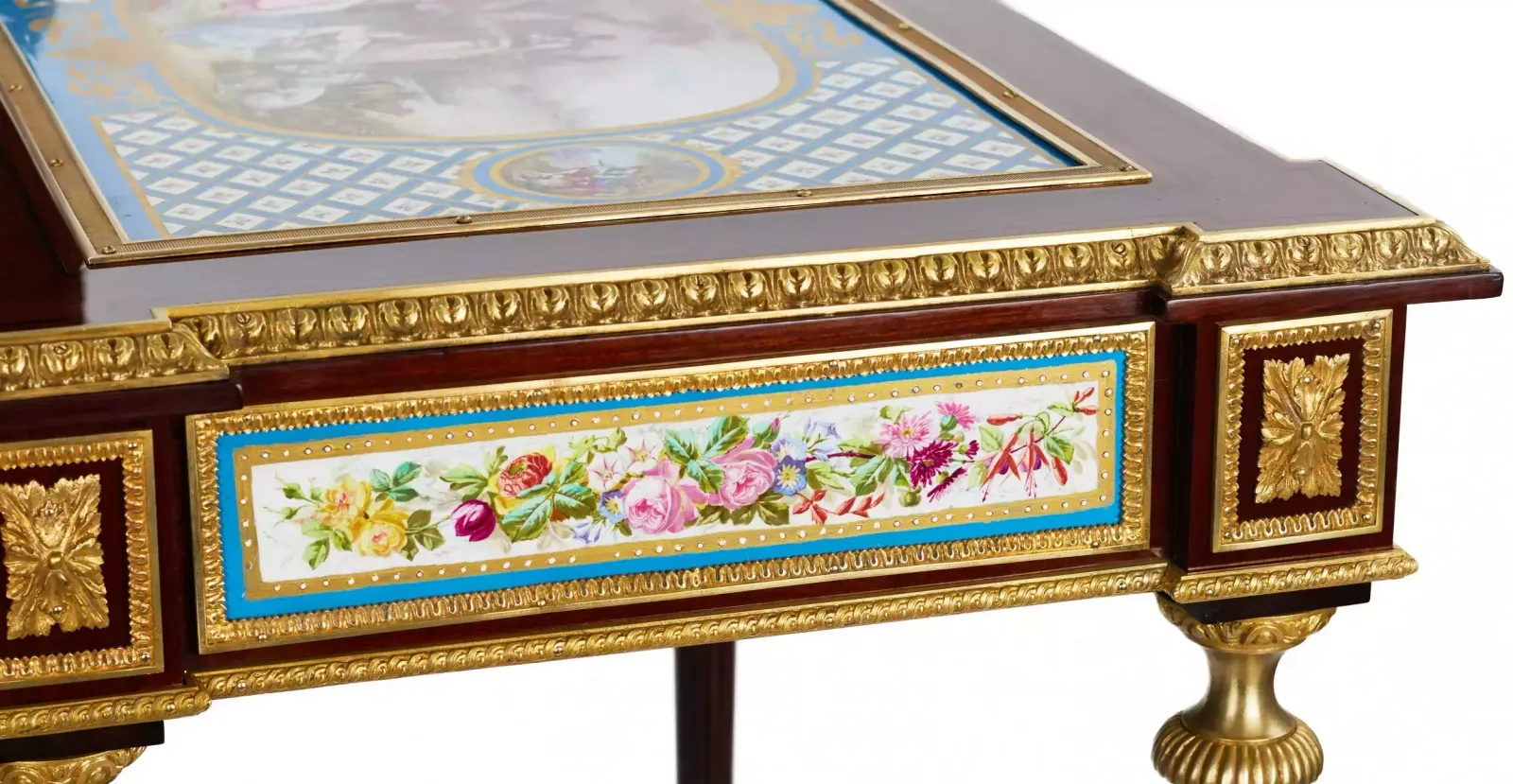 photo furniture A Magnificent Ladies Table With Gilded Bronze Decor And Porcelain Panels In The Style Of Adam Weisweiler. France. 19th Century