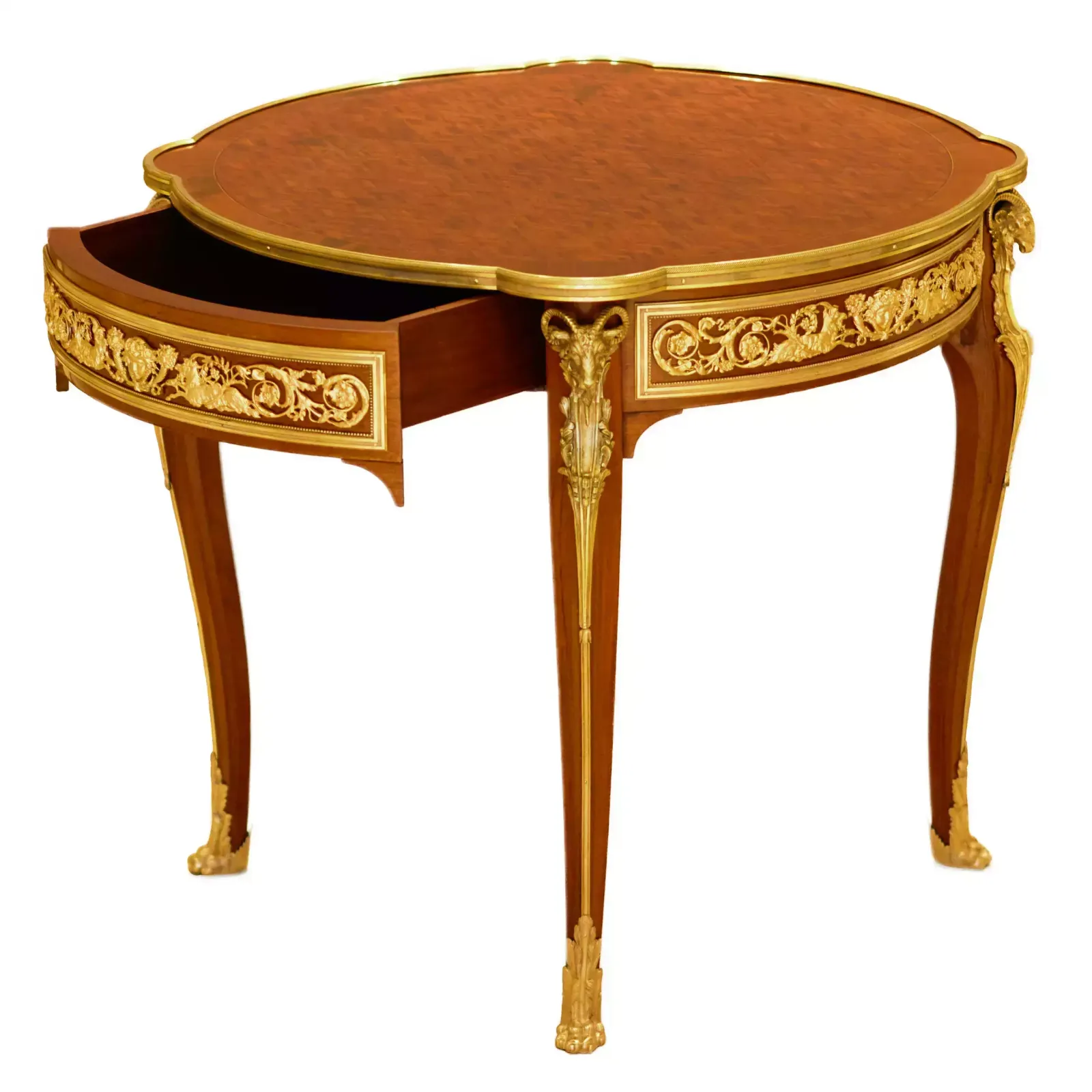 Mahogany Table Decorated With Marquetry In The Style Of Louis XV, Francois Linke. Late 19th Century photo for sale
