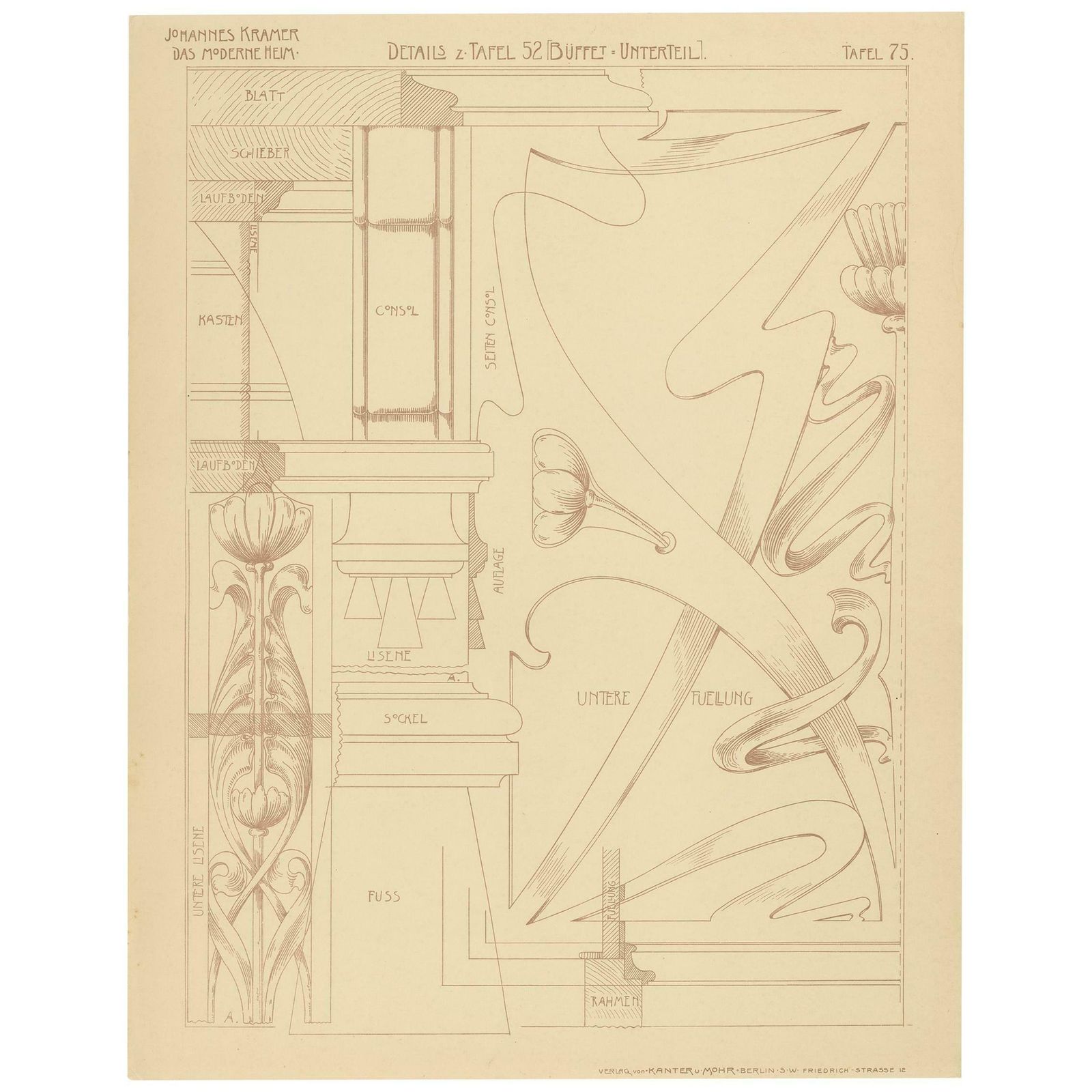 Pl. 75 Antique Print Of Furniture Details By Kramer, Circa 1910