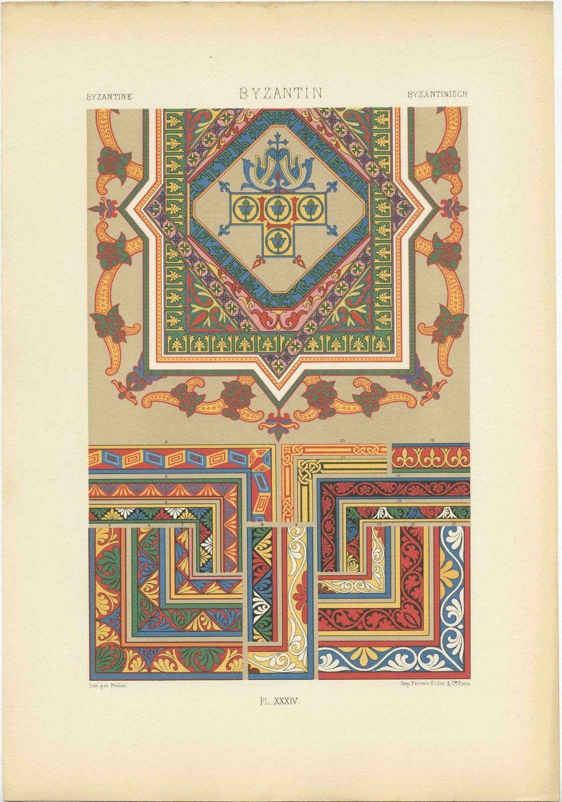 Pl. 34 Antique Print Of Byzantine Ornaments By Racinet (C.1890) photo furniture