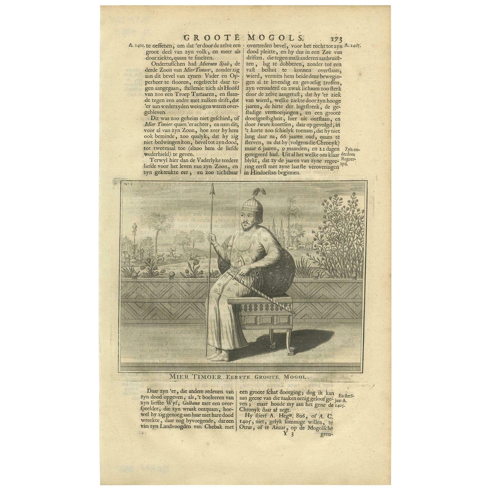 Antique Print Of The 1st Mughal Emperor By Valentijn, 1726