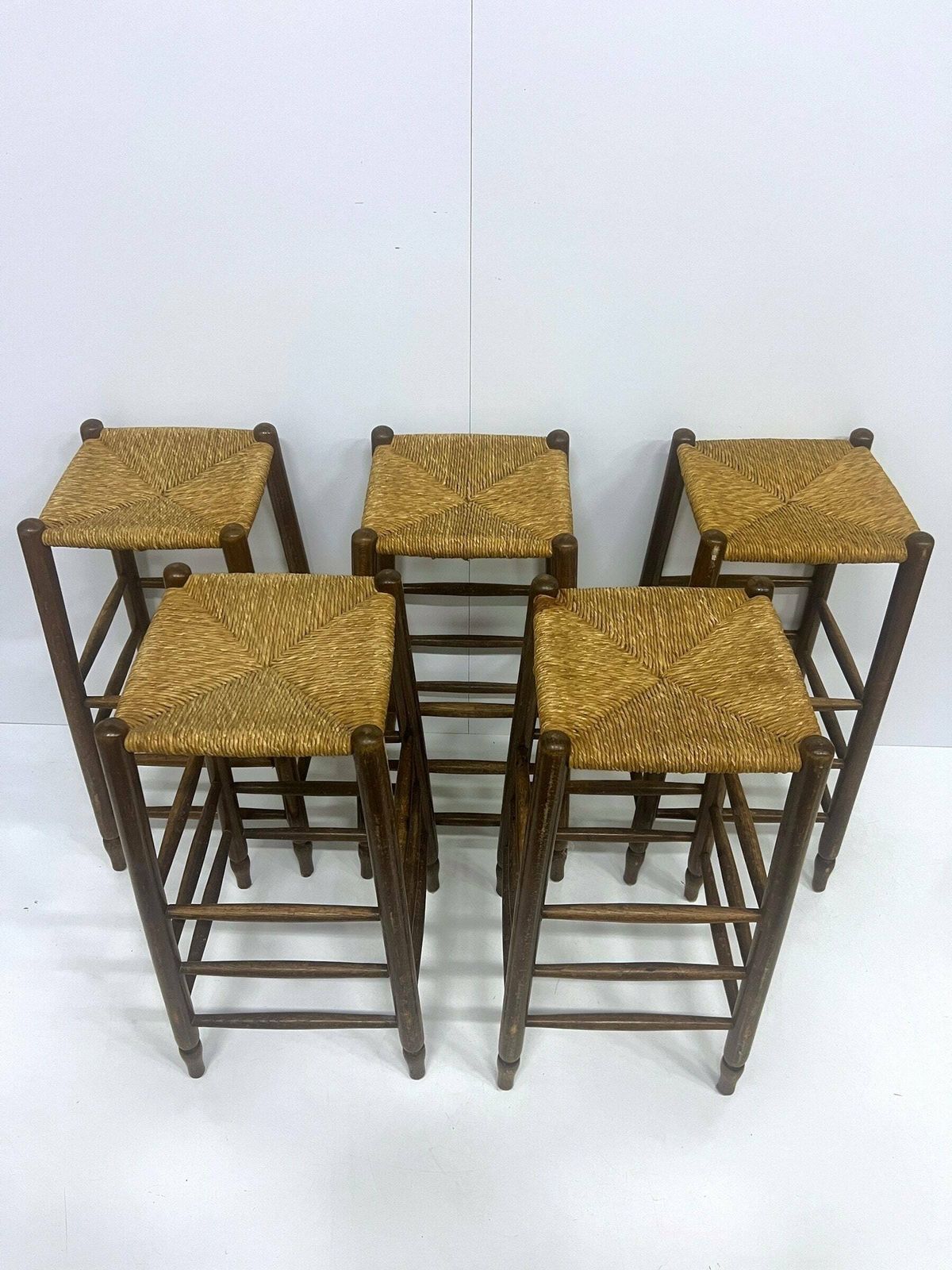 photo for sale 1 Of 3 Vintage Bar Stools, Farmhouse Style Furniture, Woven Rattan Seats, Homebar Kitchen Stools, Oak Wood Chairs
