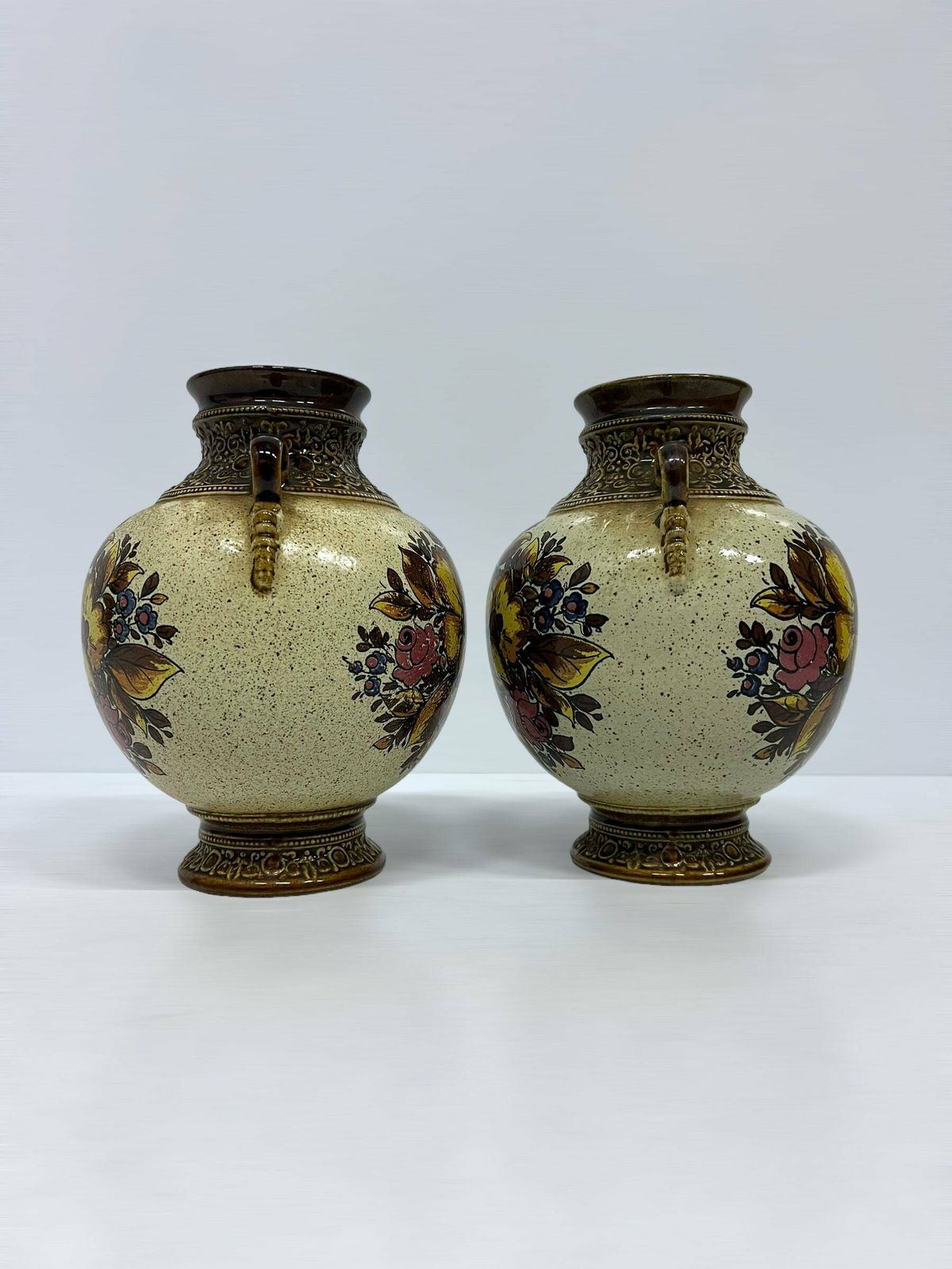 1 Of 2 Marzi & Remy Vases, Mid Century Ceramics Pot, Floral Flower Decorated, Brown Vase With Ears photo 101.0
