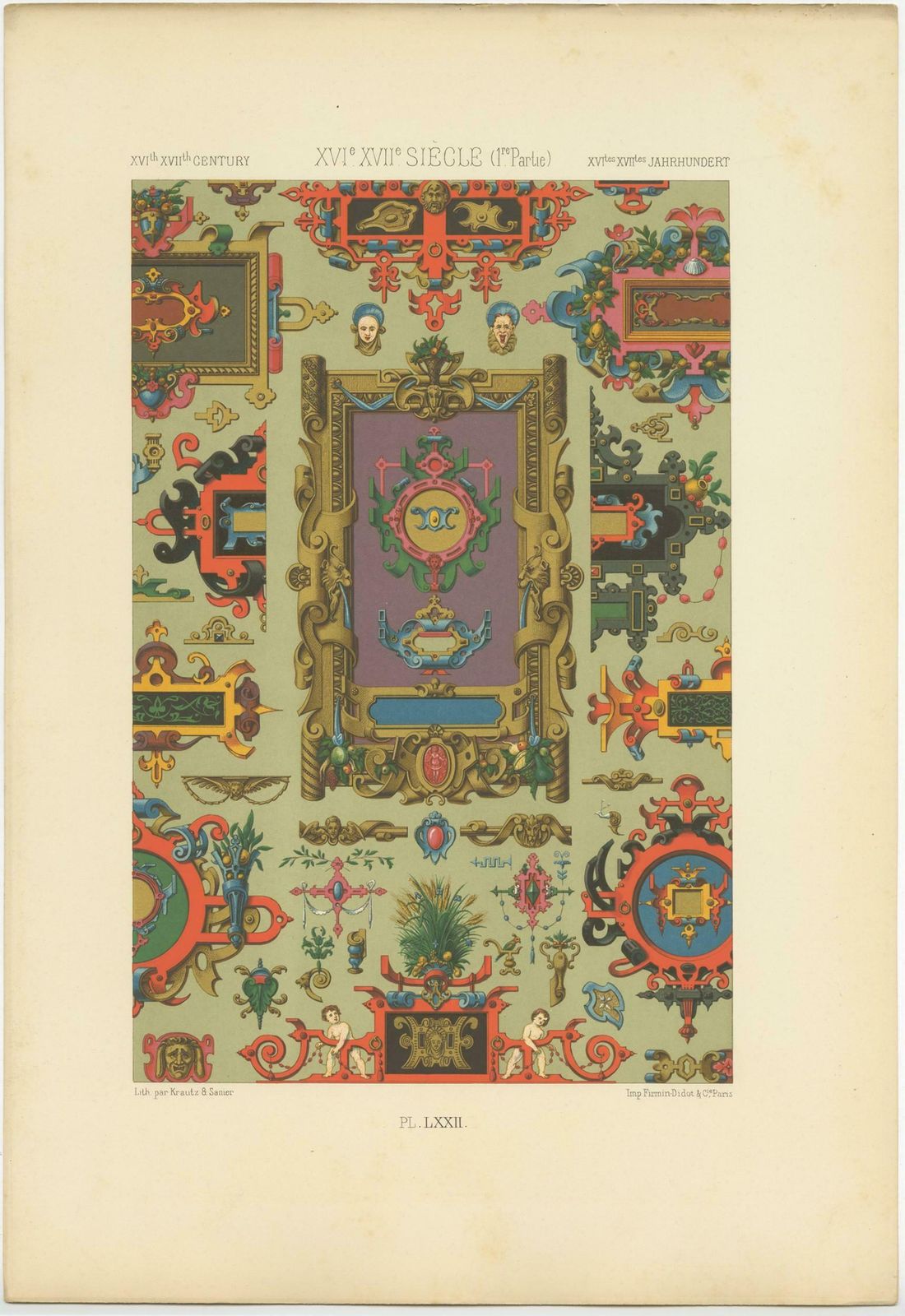 Pl. 72 Antique Print Of Xvith And Xviith Century Ornaments By Racinet (C.1890) photo furniture