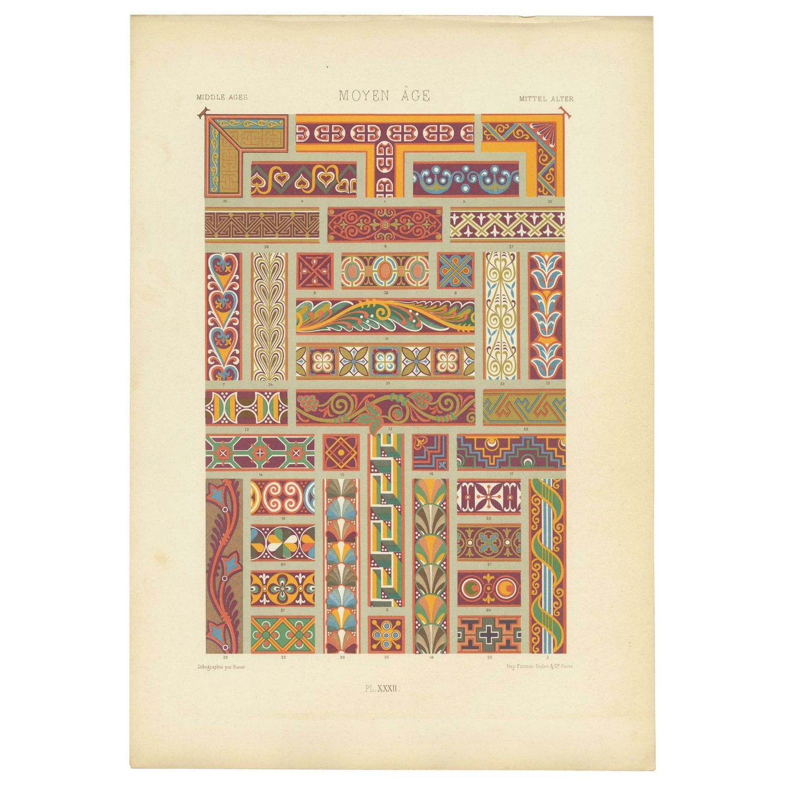 Pl. 32 Antique Print Of Middle Ages Ornaments By Racinet (C.1890)