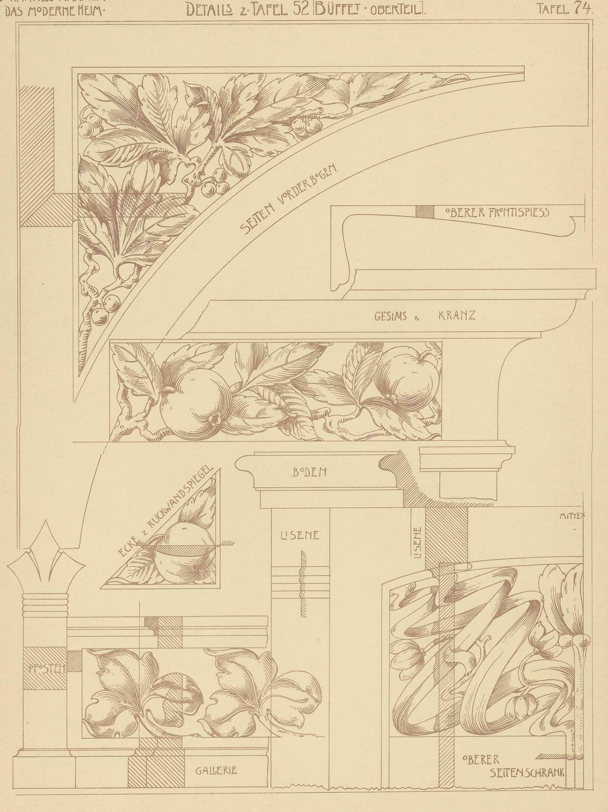 Pl. 74 Antique Print Of Furniture Details By Kramer, Circa 1910 photo for sale