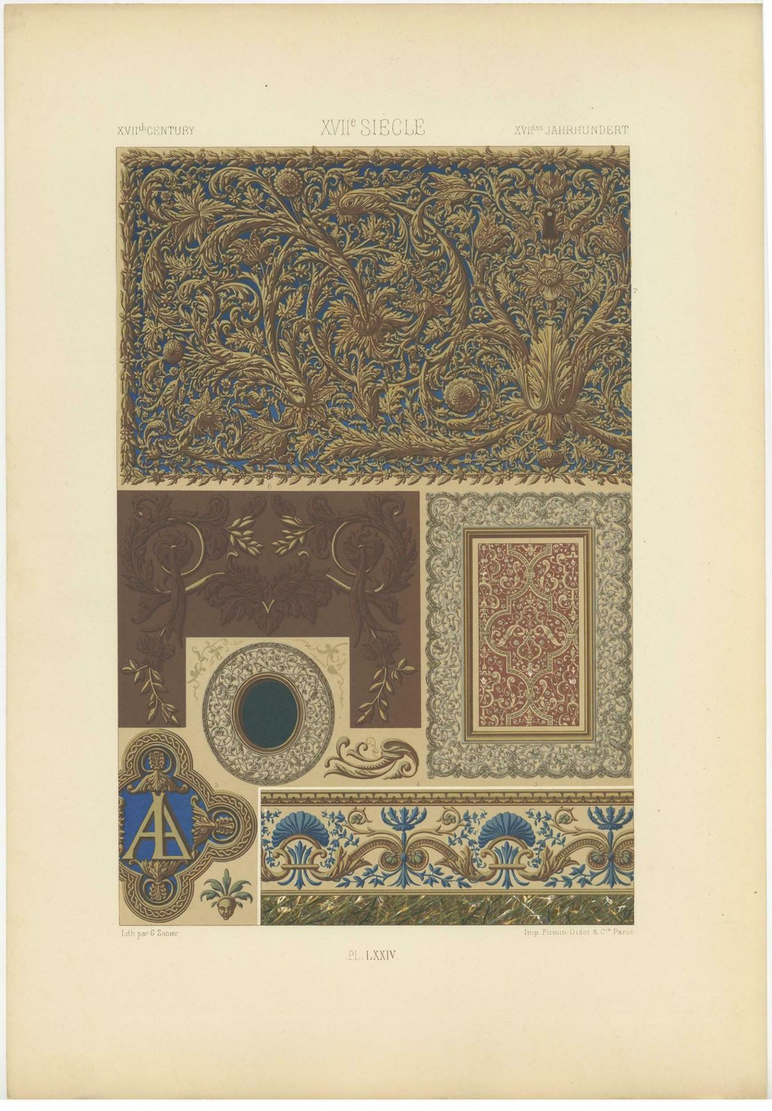 Pl. 74 Antique Print Of 17th Century Ornaments By Racinet, 'Circa 1890' photo furniture