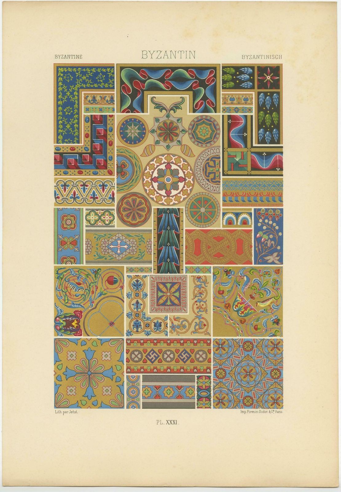 Pl. 31 Antique Print Of Byzantine Ornaments By Racinet, Circa 1890 photo for sale