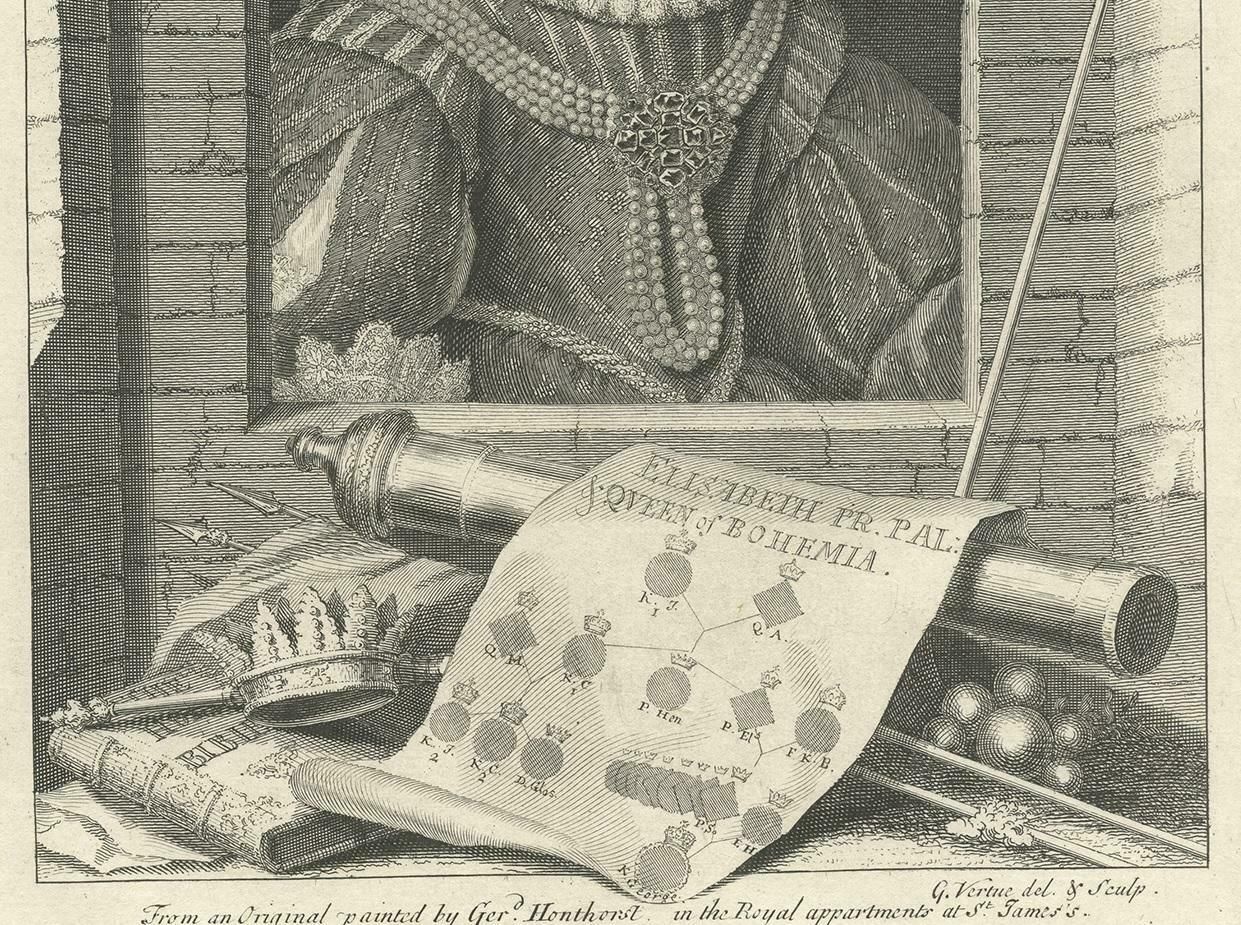 Antique Portrait Of Elizabeth, Queen Of Bohemia, By G. Vertue, Circa 1750 photo Art
