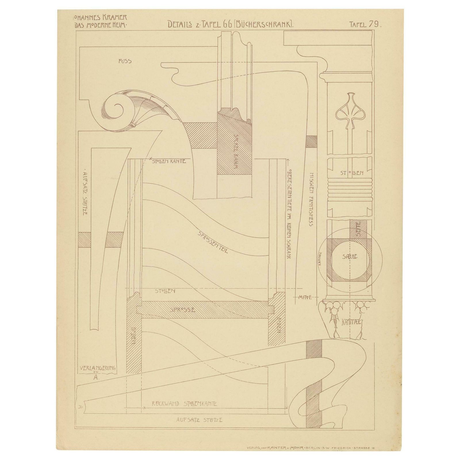 Pl. 79 Antique Print Of Furniture Details By Kramer, Circa 1910