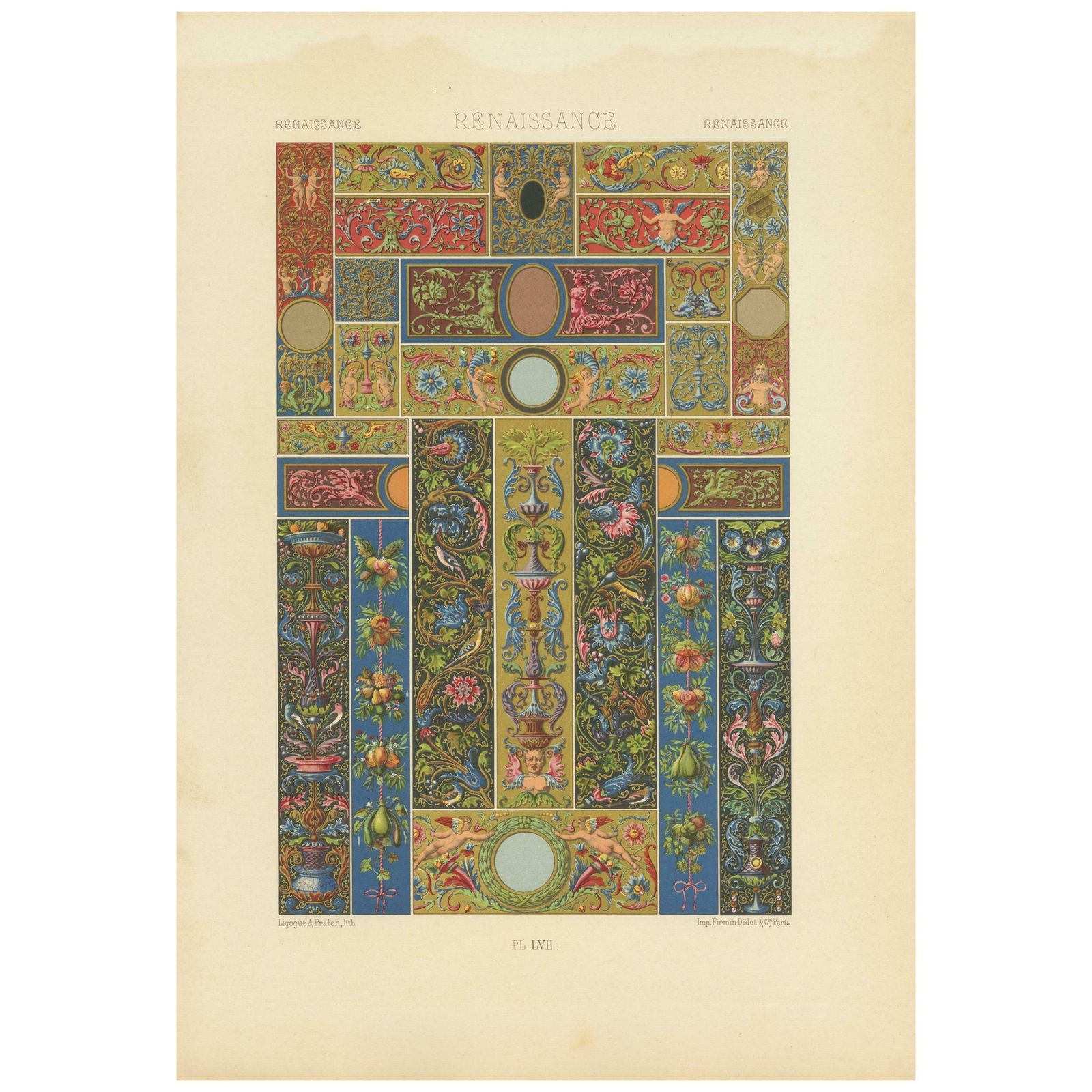 Pl. 57 Antique Print Of Renaissance Ornaments By Racinet, Circa 1890