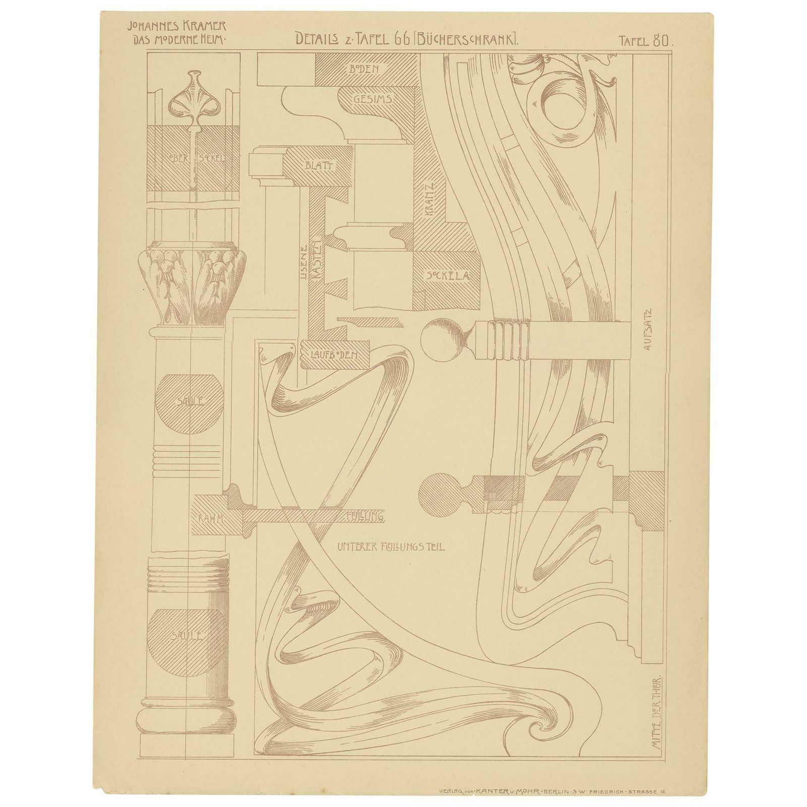Pl. 80 Antique Print Of Furniture Details By Kramer, Circa 1910