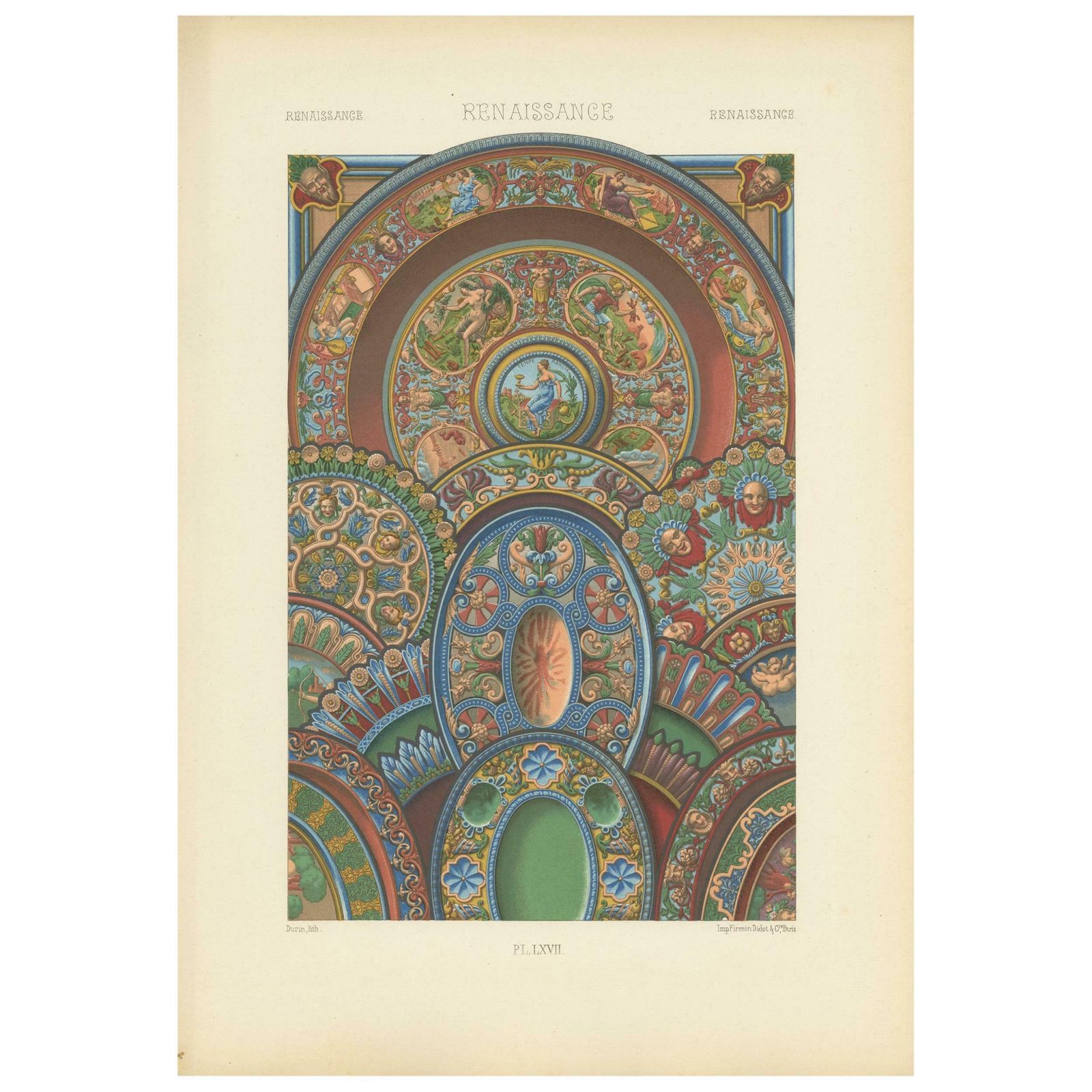 Pl. 67 Antique Print Of Renaissance Ornaments By Racinet, Circa 1890