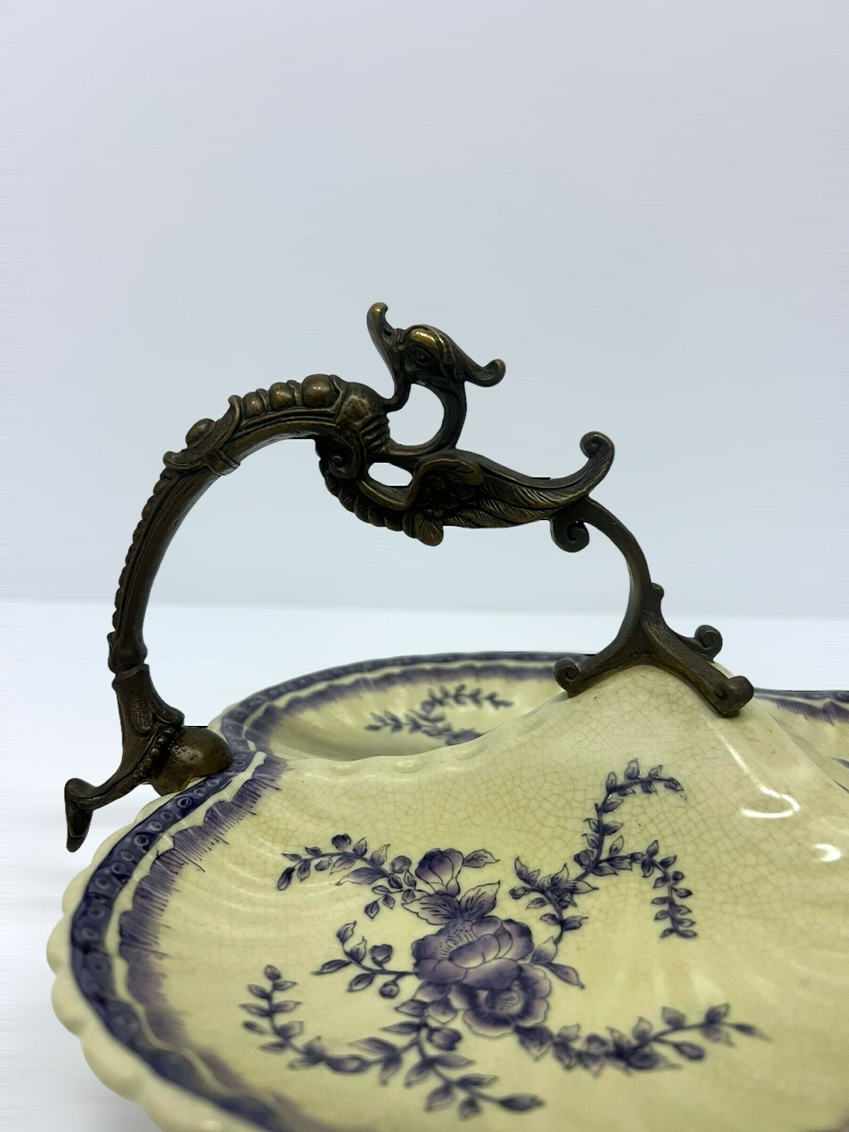 Vintage Wong Lee Tray, Chinese Porcelain Basket, Copper Dragon Handle, Candy Chocolate Tray, Rare Mid Century Find photo 278.0