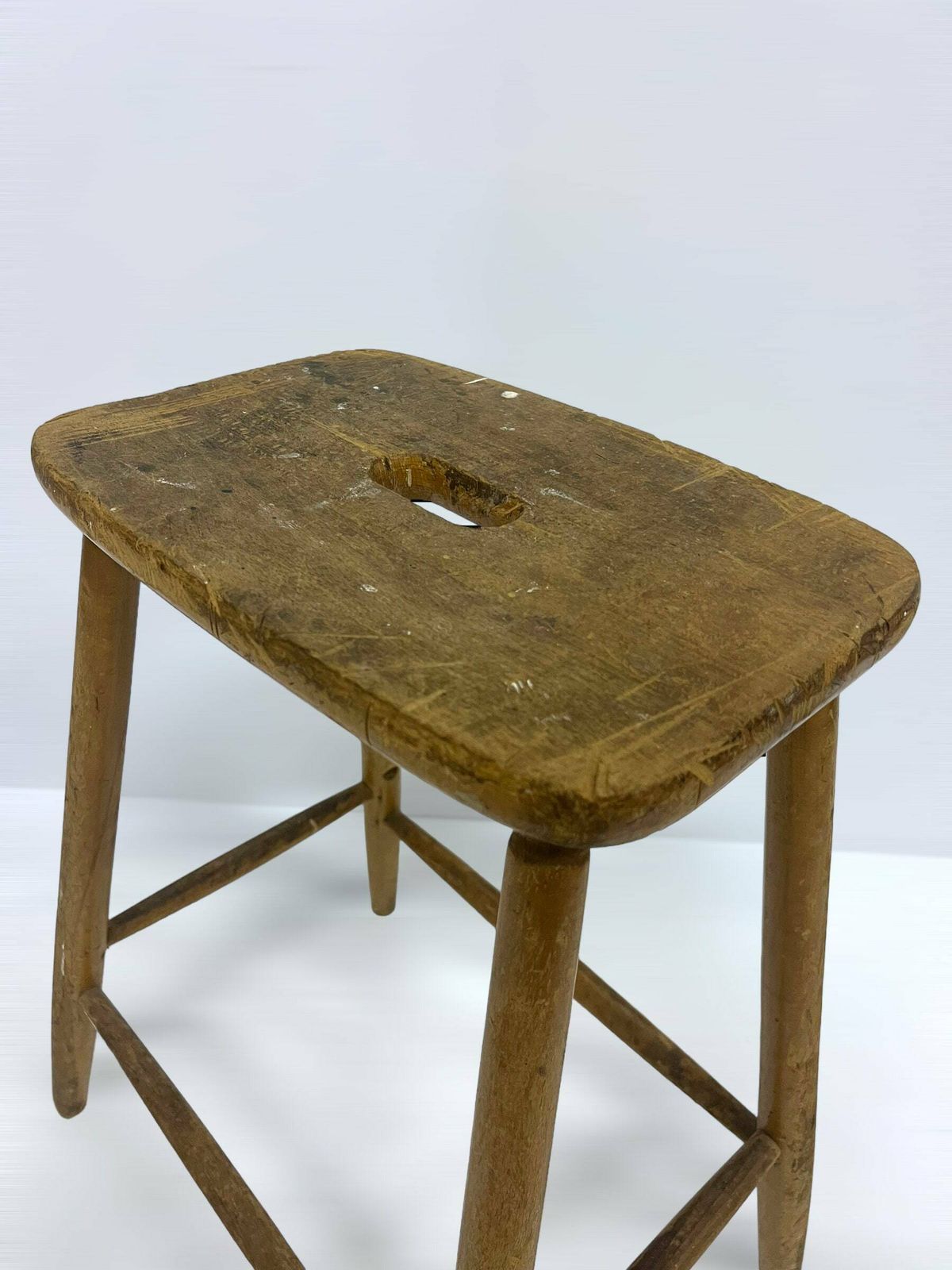 Vintage Workshop Stool, Industrial Old Craft Stool, Wooden Design, Old French Wooden Chair, Antique Plant Table photo for sale