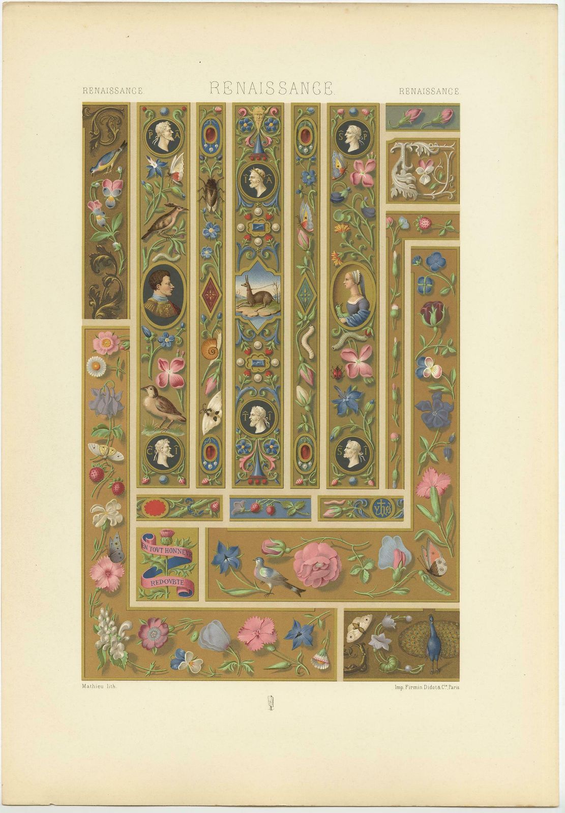 Pl. 78 Antique Print Of Renaissance Margin Decorations By Racinet, Circa 1890 photo furniture