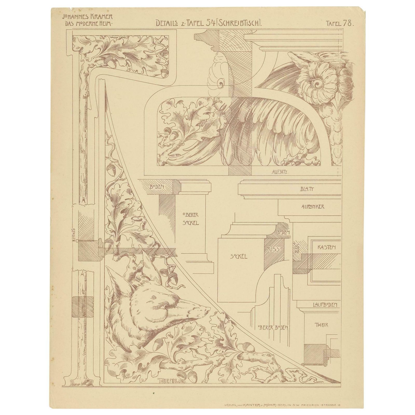 Pl. 78 Antique Print Of Furniture Details By Kramer, Circa 1910