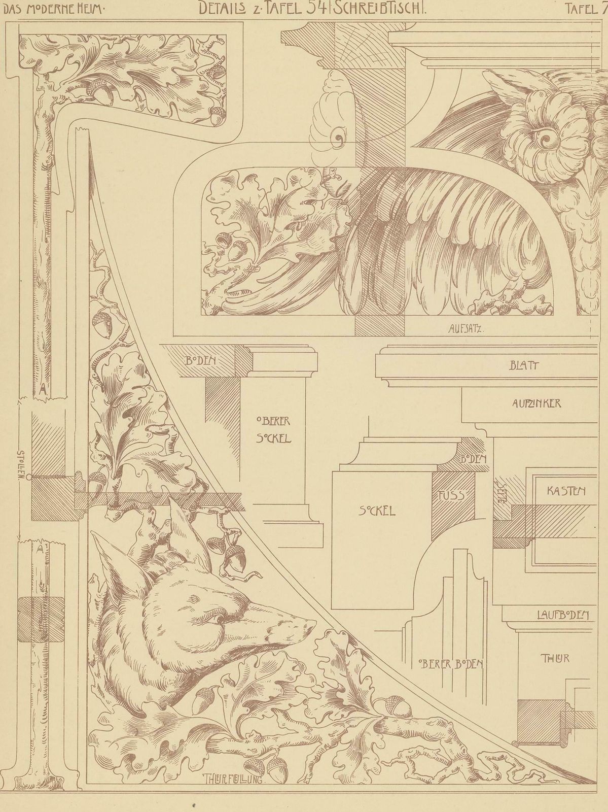 Pl. 78 Antique Print Of Furniture Details By Kramer, Circa 1910 photo for sale