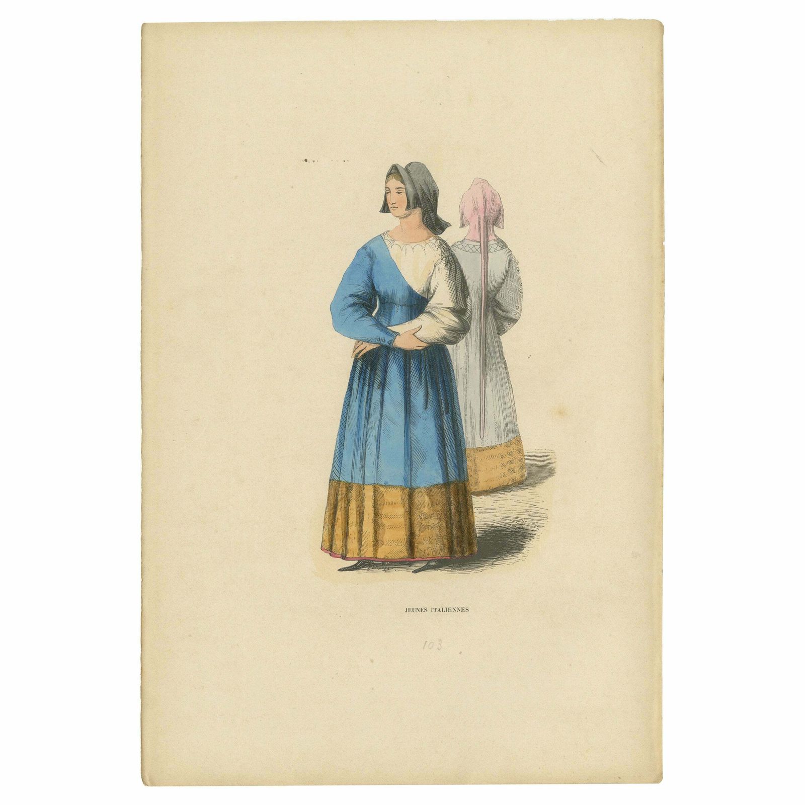 Antique Print Of Italian Maidens In Traditional Attire, 1847