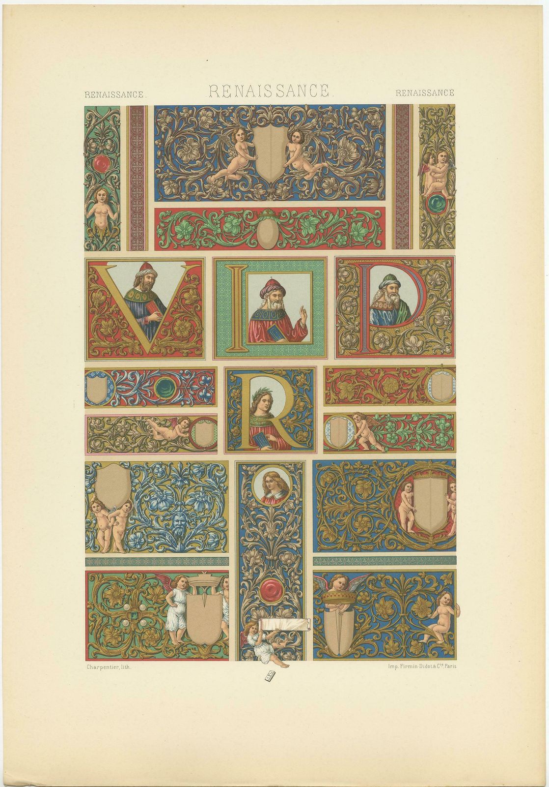 Pl. 76 Antique Print Of Renaissance Panels And Borders By Racinet, Circa 1890 photo furniture
