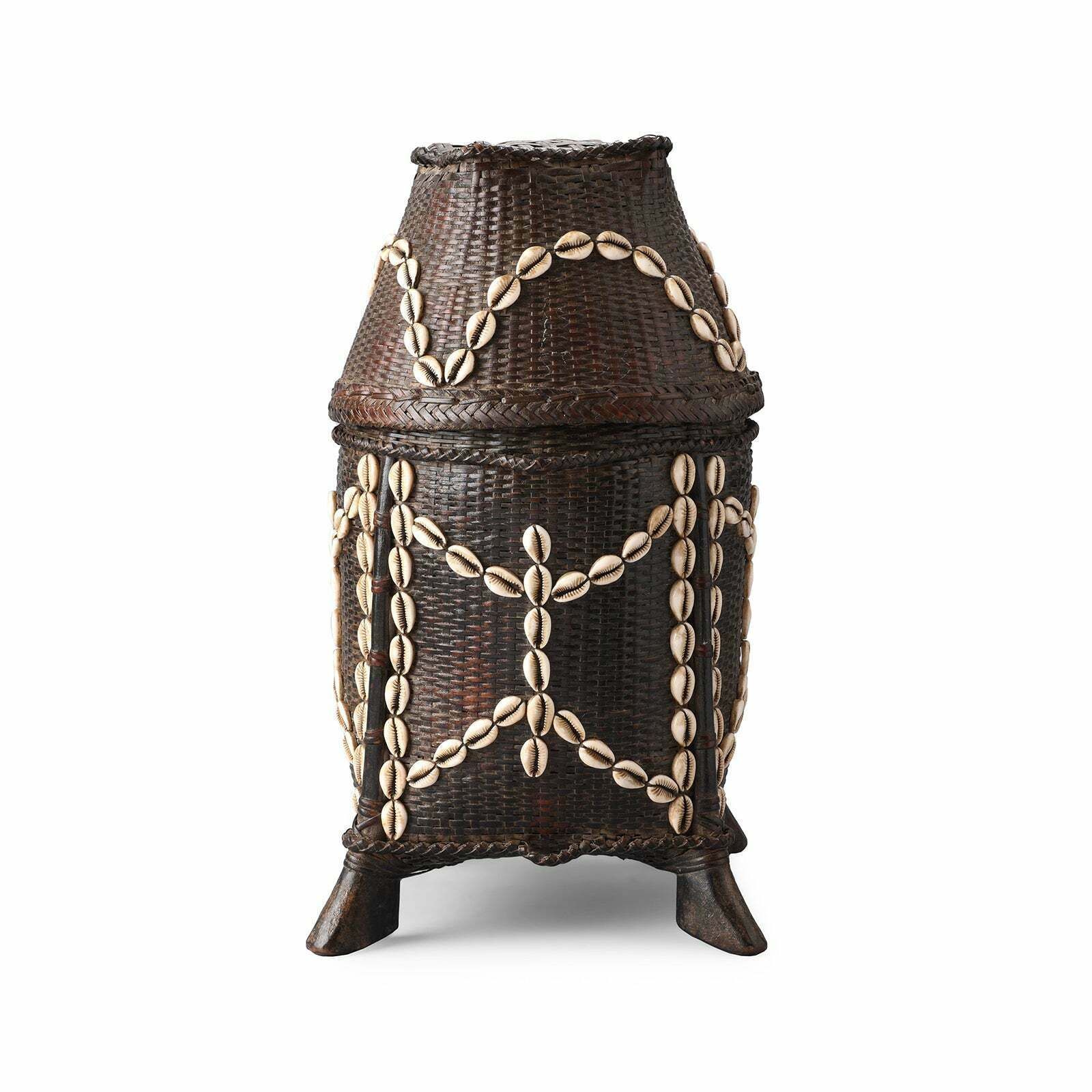 Vintage Tribal Basket Woven From Grass And Embellished With Cowrie Shells From Nagaland   Ca 1930 photo vinterior