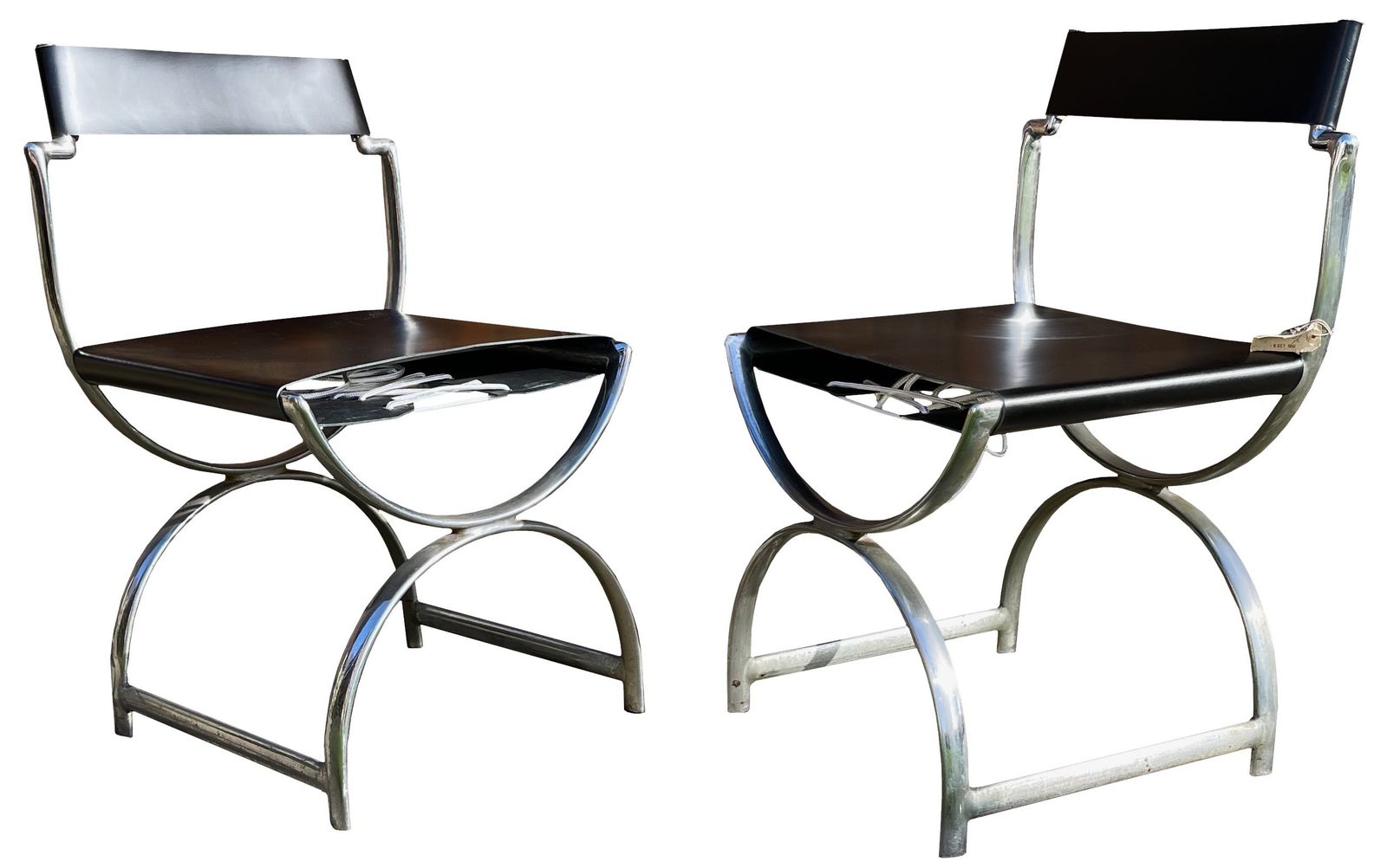 Ambrose Heal, A Rare Pair Of Original Heal's 1930s Chromium Plated Tubular Steel And Leather Roman Curule Side Chairs