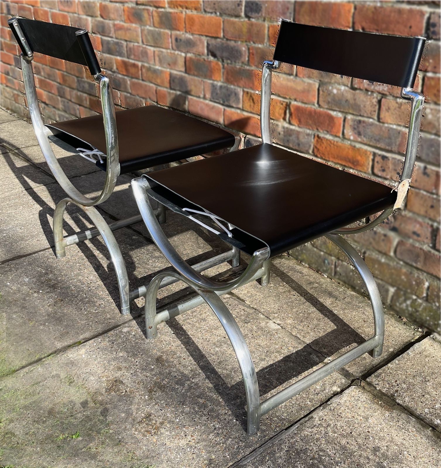 Ambrose Heal, A Rare Pair Of Original Heal's 1930s Chromium Plated Tubular Steel And Leather Roman Curule Side Chairs photo for sale