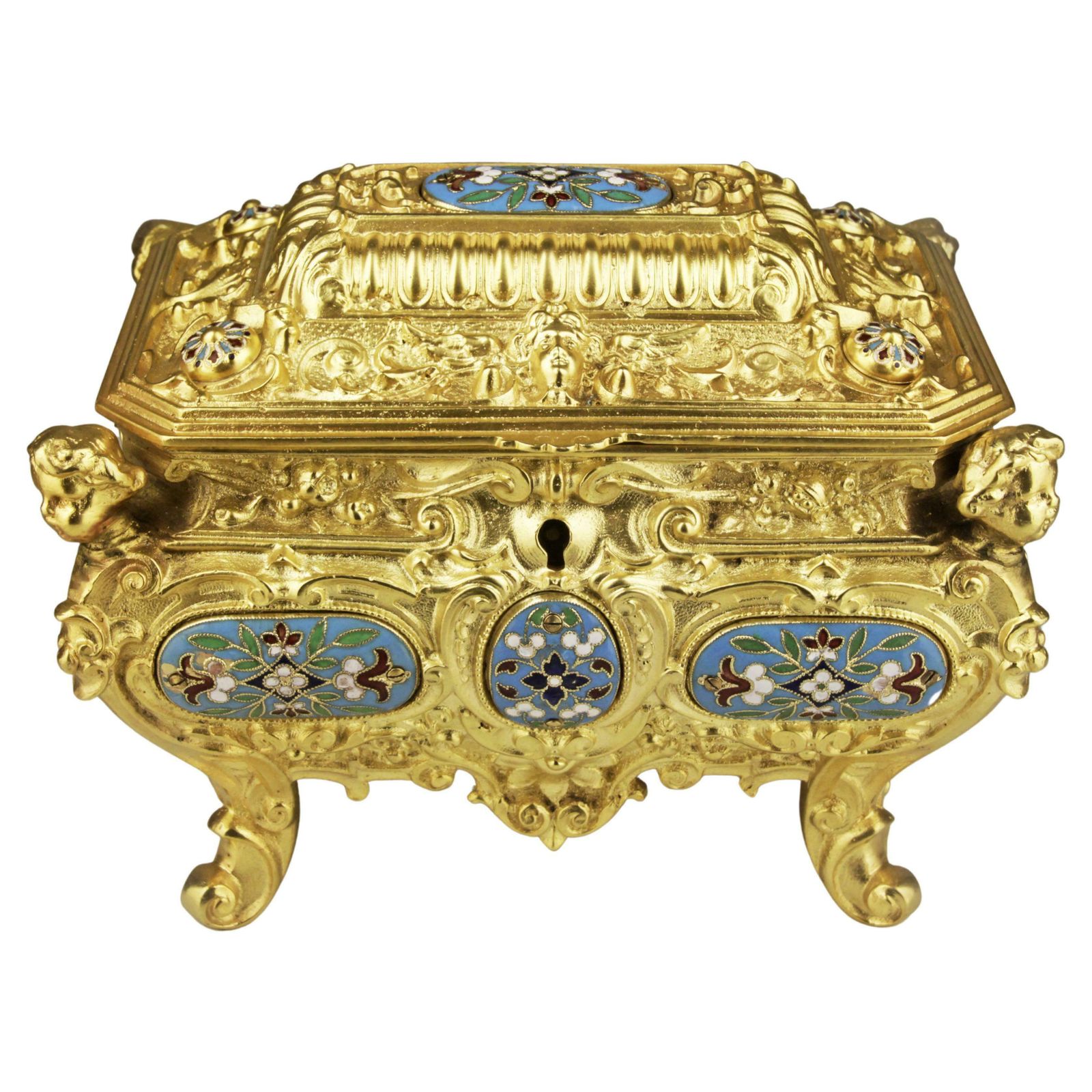 19th Century French Empire Cloisonne Bronze Jewelry Casket With Blue Velvet Interior