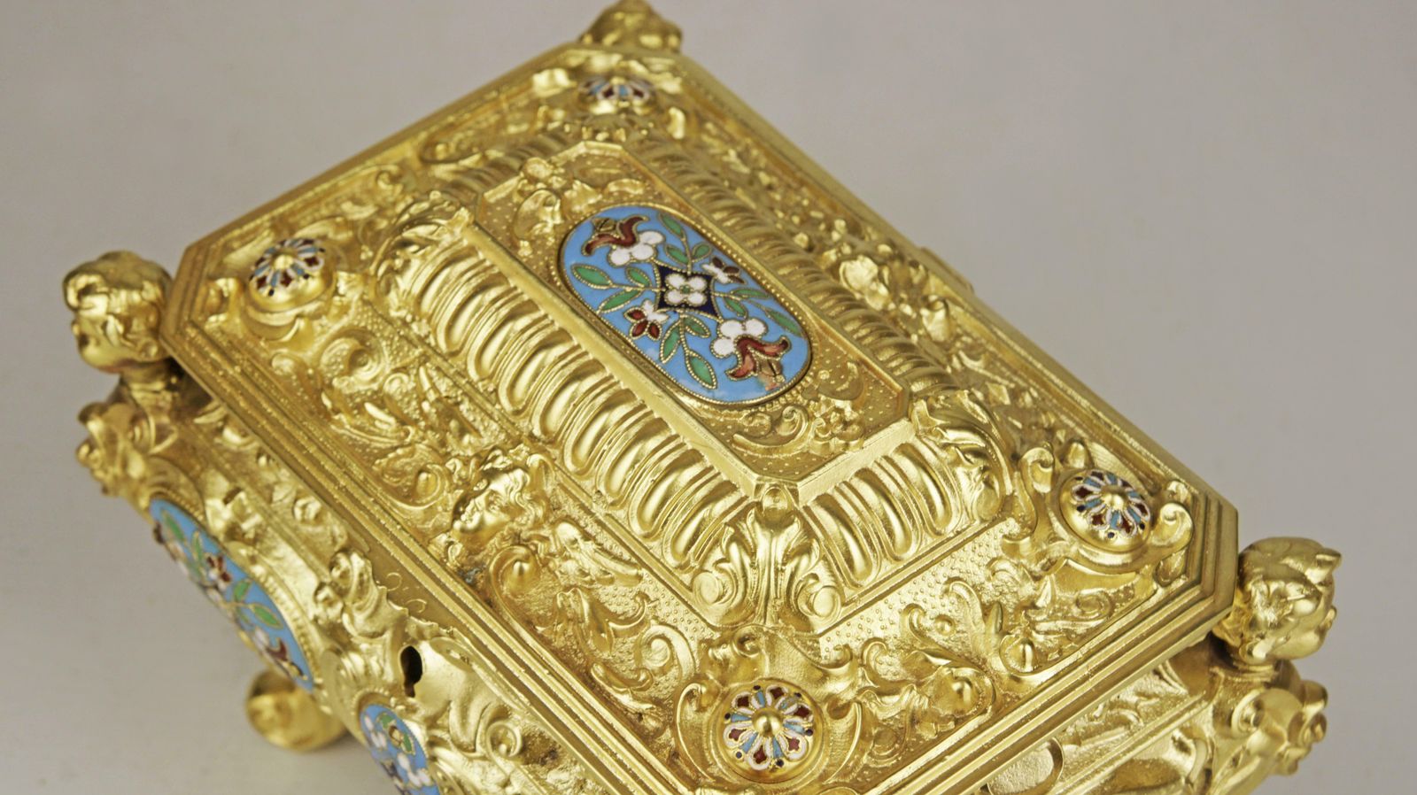 19th Century French Empire Cloisonne Bronze Jewelry Casket With Blue Velvet Interior photo vinterior