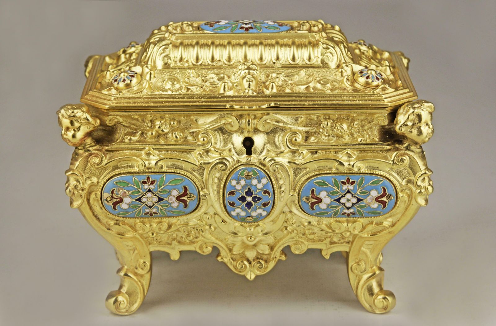 19th Century French Empire Cloisonne Bronze Jewelry Casket With Blue Velvet Interior photo vintage