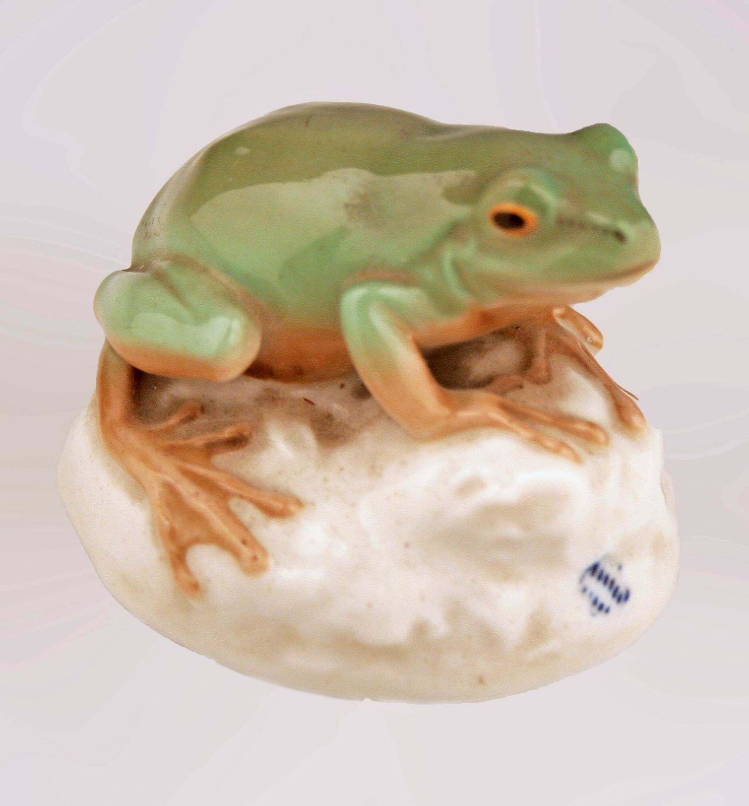Mid 20th Century Modern German Glazed And Painted Porcelain Frog Sitting On A Rock By Manufacturer Nymphenburg photo Art