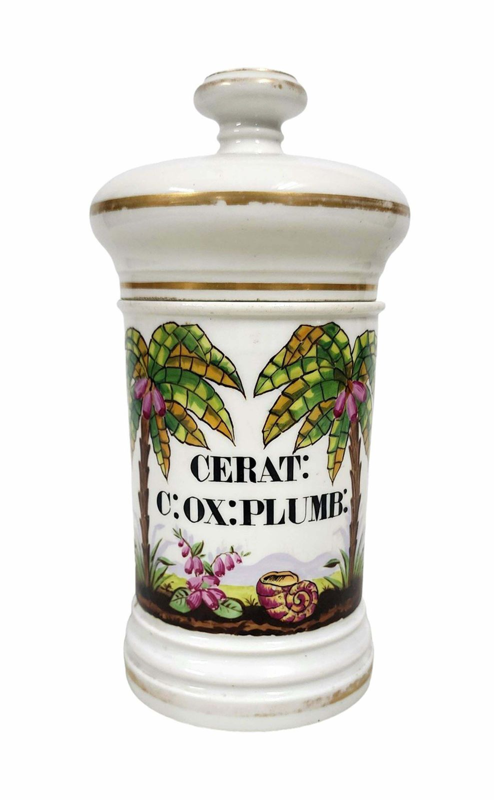 Mid 19th Century French Glazed Porcelain Apothecary/Pharmaceutical Jar With Lid  'Cerat: C: Ox: Plumb:' photo furniture
