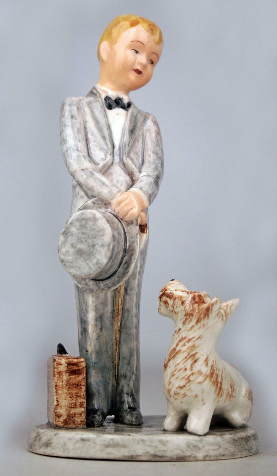 photo for sale Mid 20th Century Hand Painted Glazed Porcelain Figurine Of Boy And Dog By Marcel Goldscheider For Myott Son & Co.