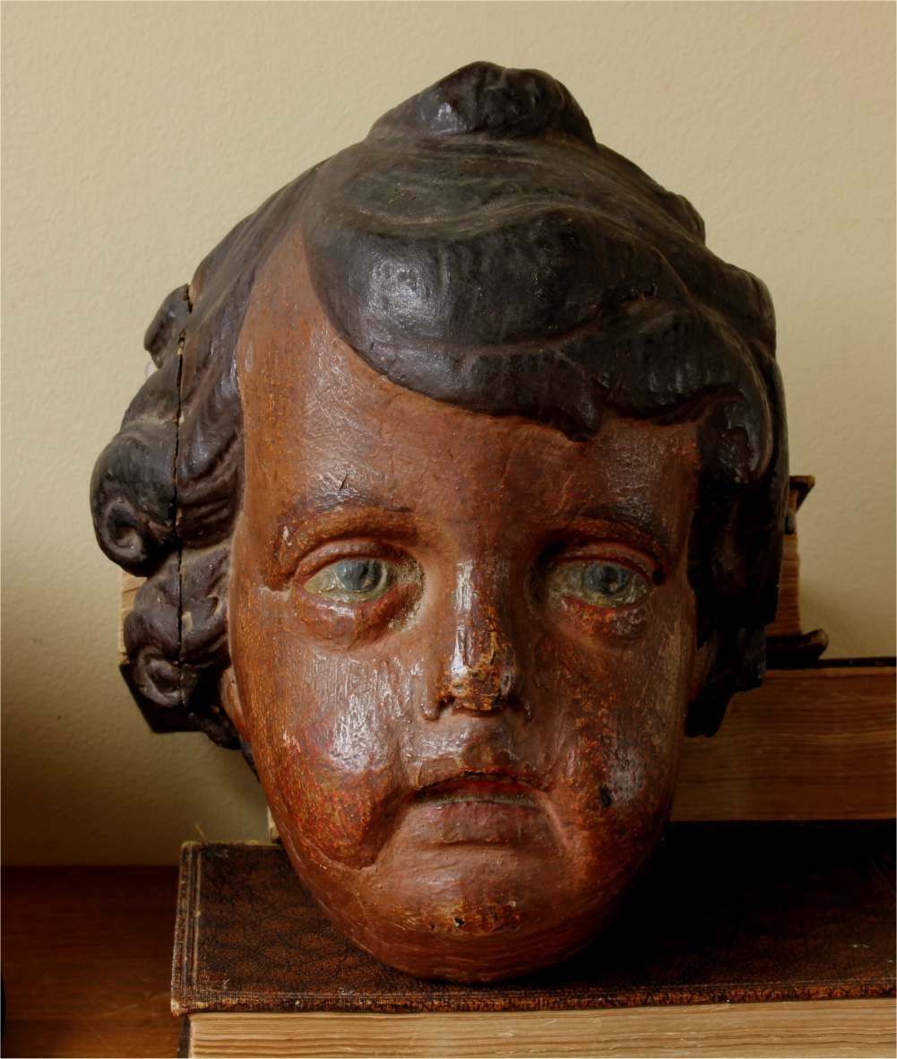 Carved Wood Polychrome Cherub Head. 18th Century French Putti Statue.