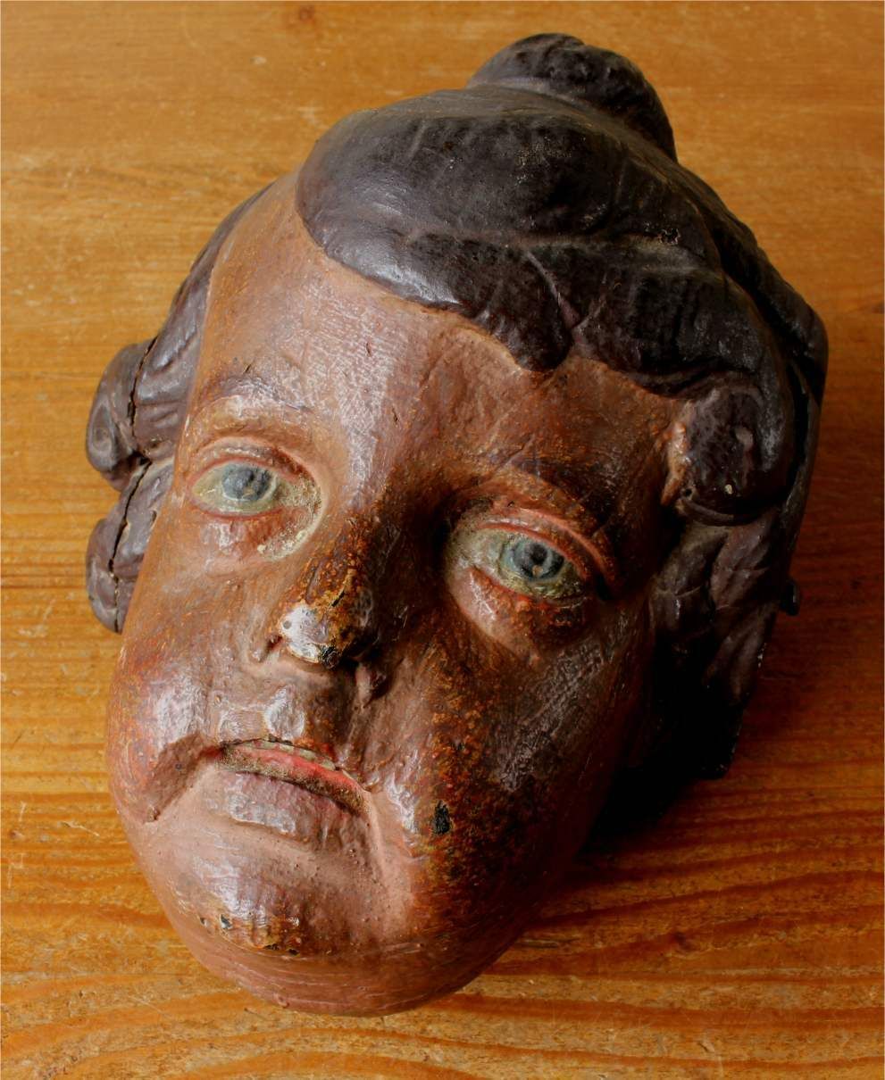 Carved Wood Polychrome Cherub Head. 18th Century French Putti Statue. photo for sale