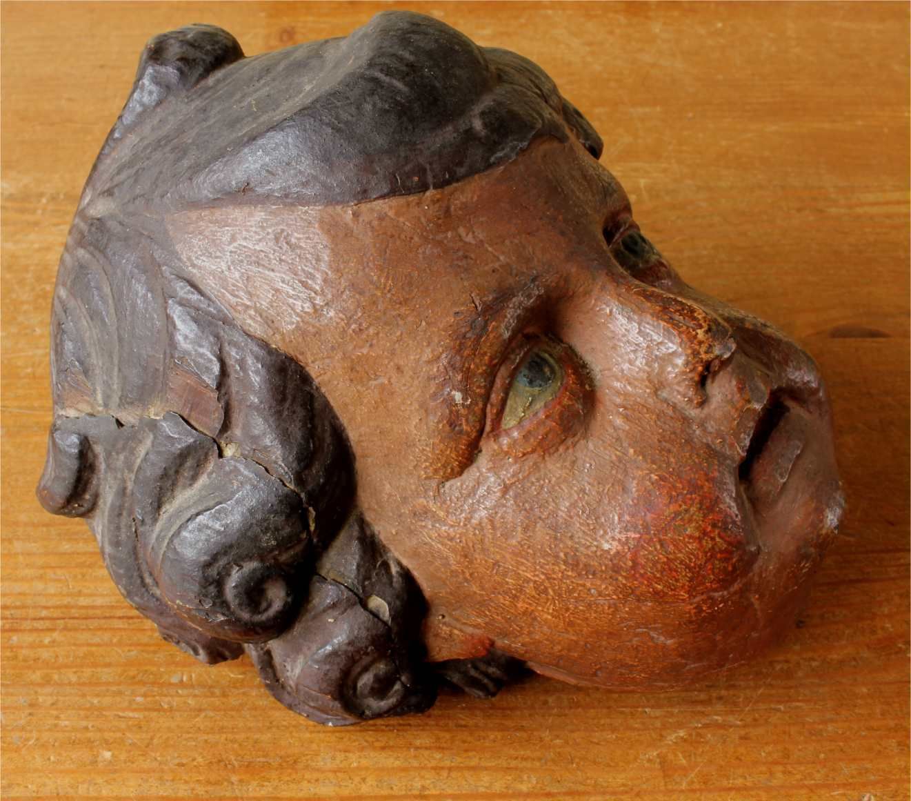 Carved Wood Polychrome Cherub Head. 18th Century French Putti Statue. photo Art