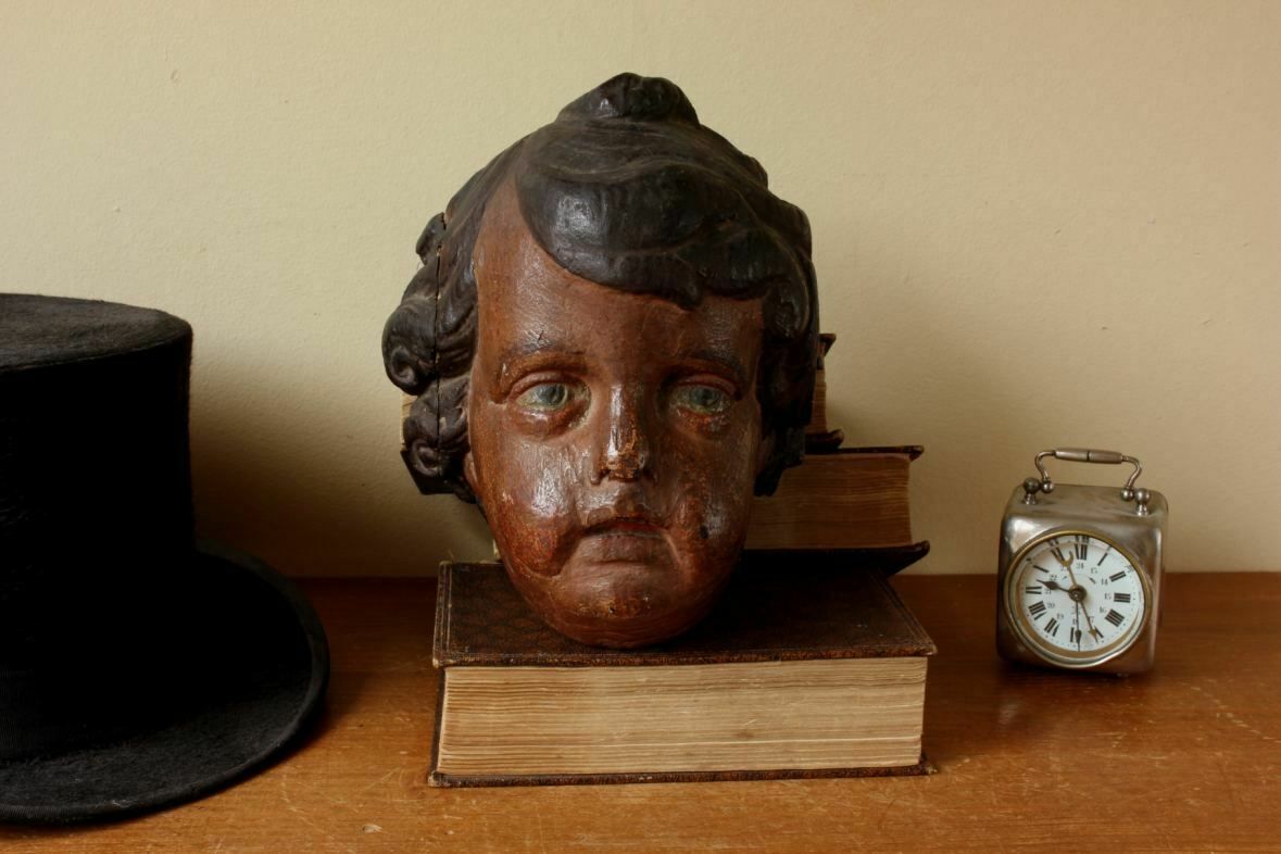 Carved Wood Polychrome Cherub Head. 18th Century French Putti Statue. photo 795.0