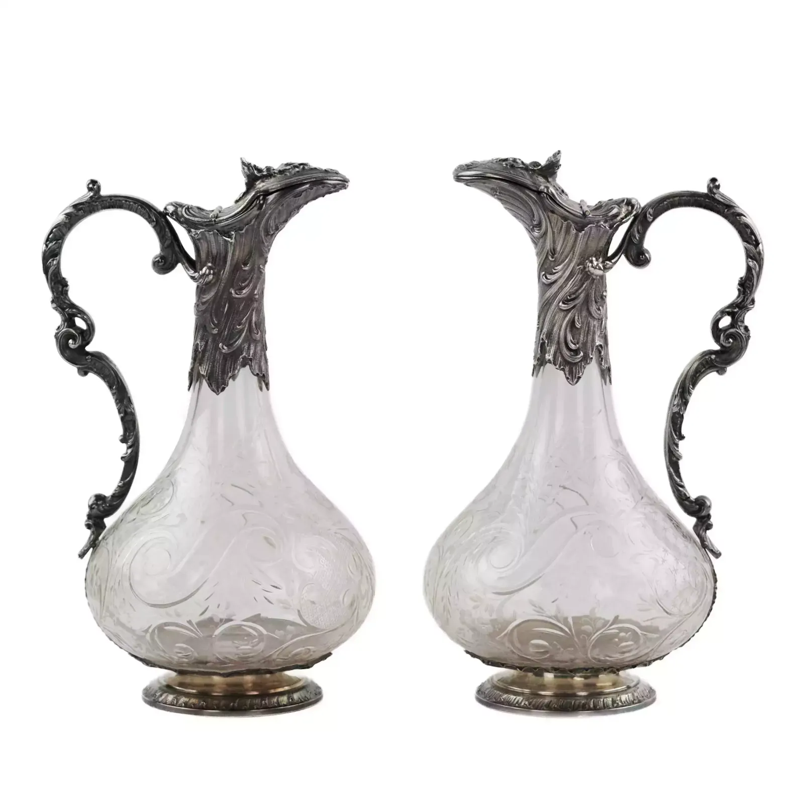 Pair Of Wine Glass Jugs In Silver, Louis XV Style, Turn Of The 19th 20th Centuries.