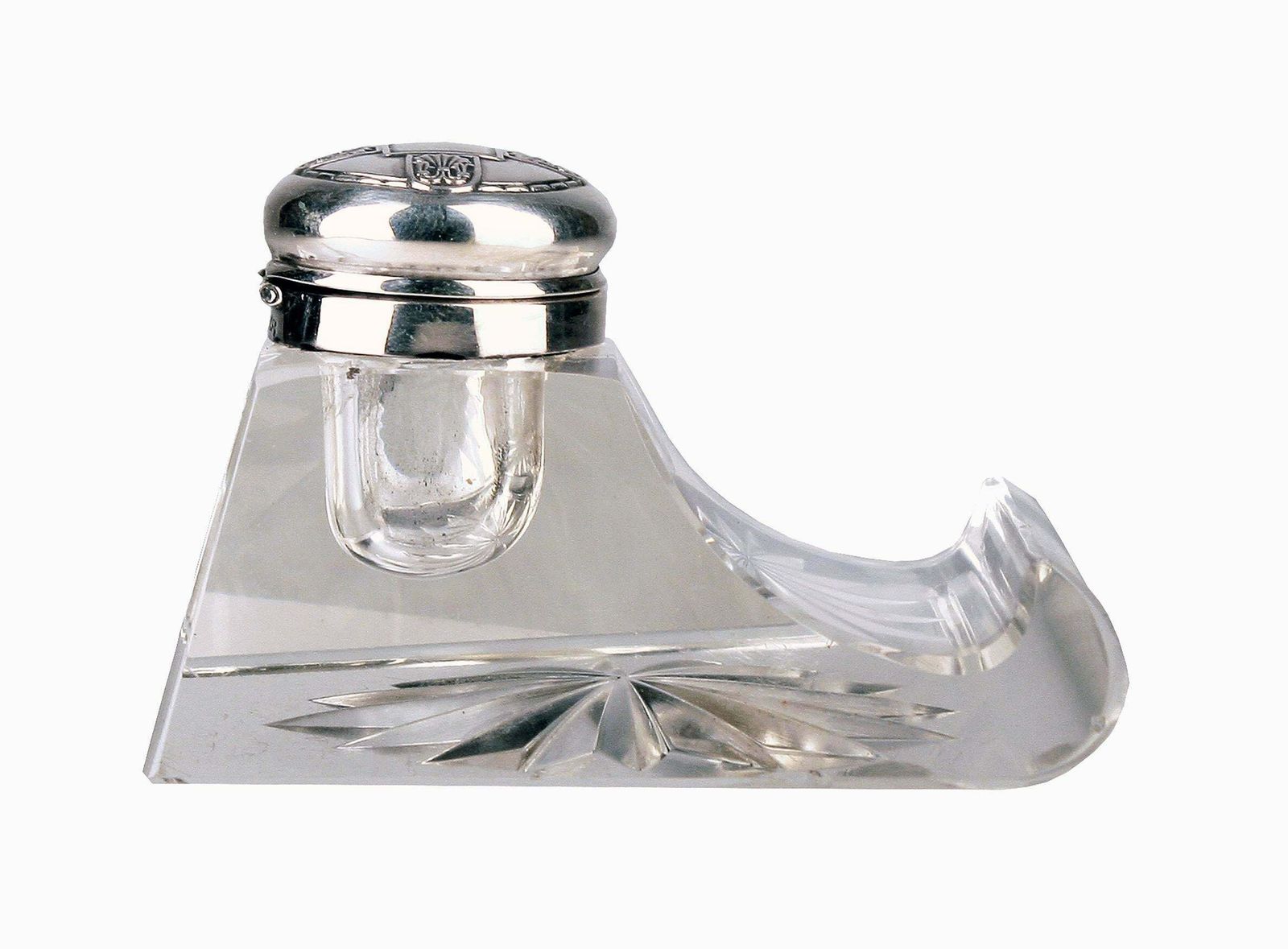 Late 19th Century Jugendstil German Cut Glass Crystal Inkwell With Polished 800 Silver Lid photo for sale