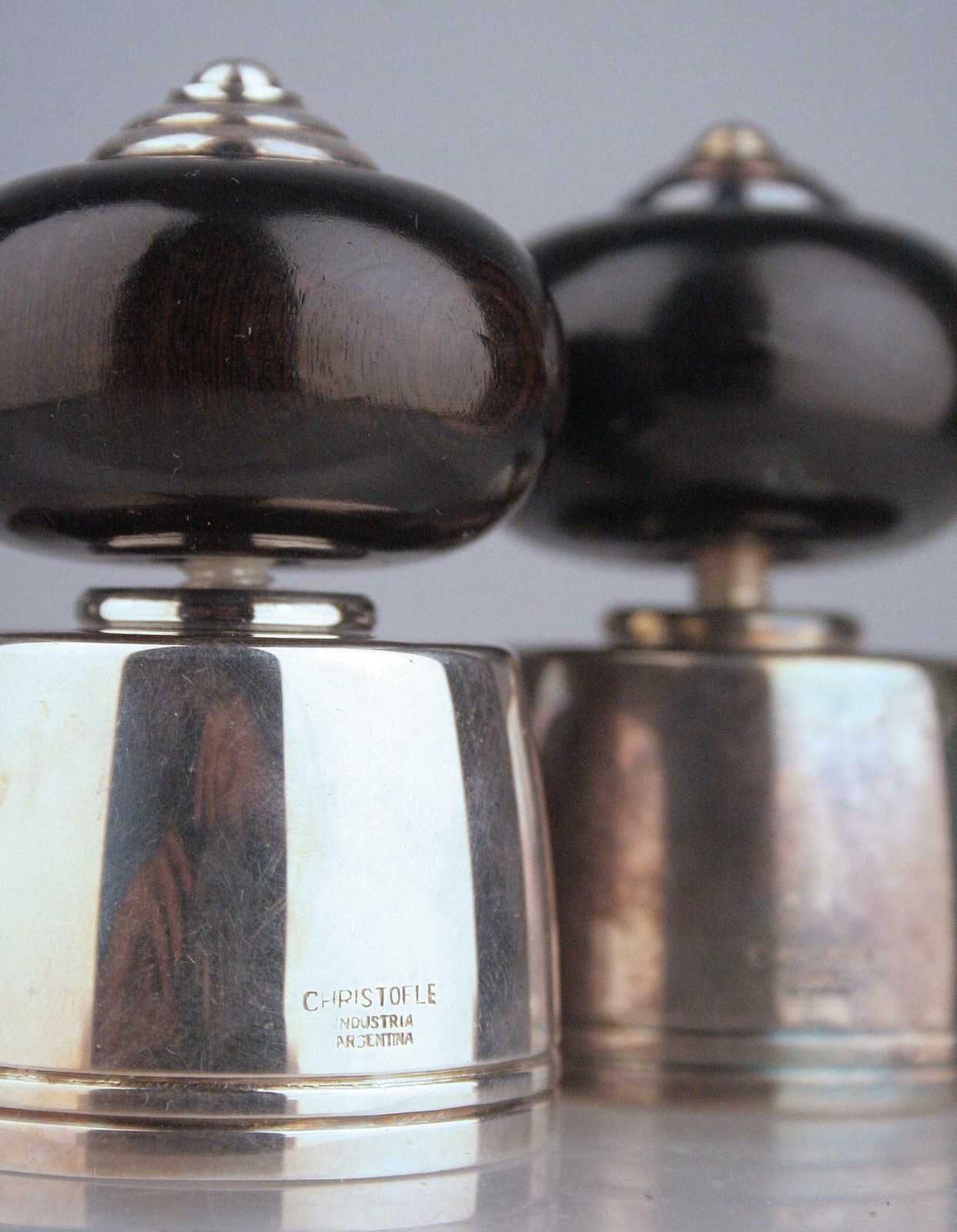 photo for sale Pair Of French Black Lacquer And Silver Champagne Corks/Bottle Stoppers By Christofle