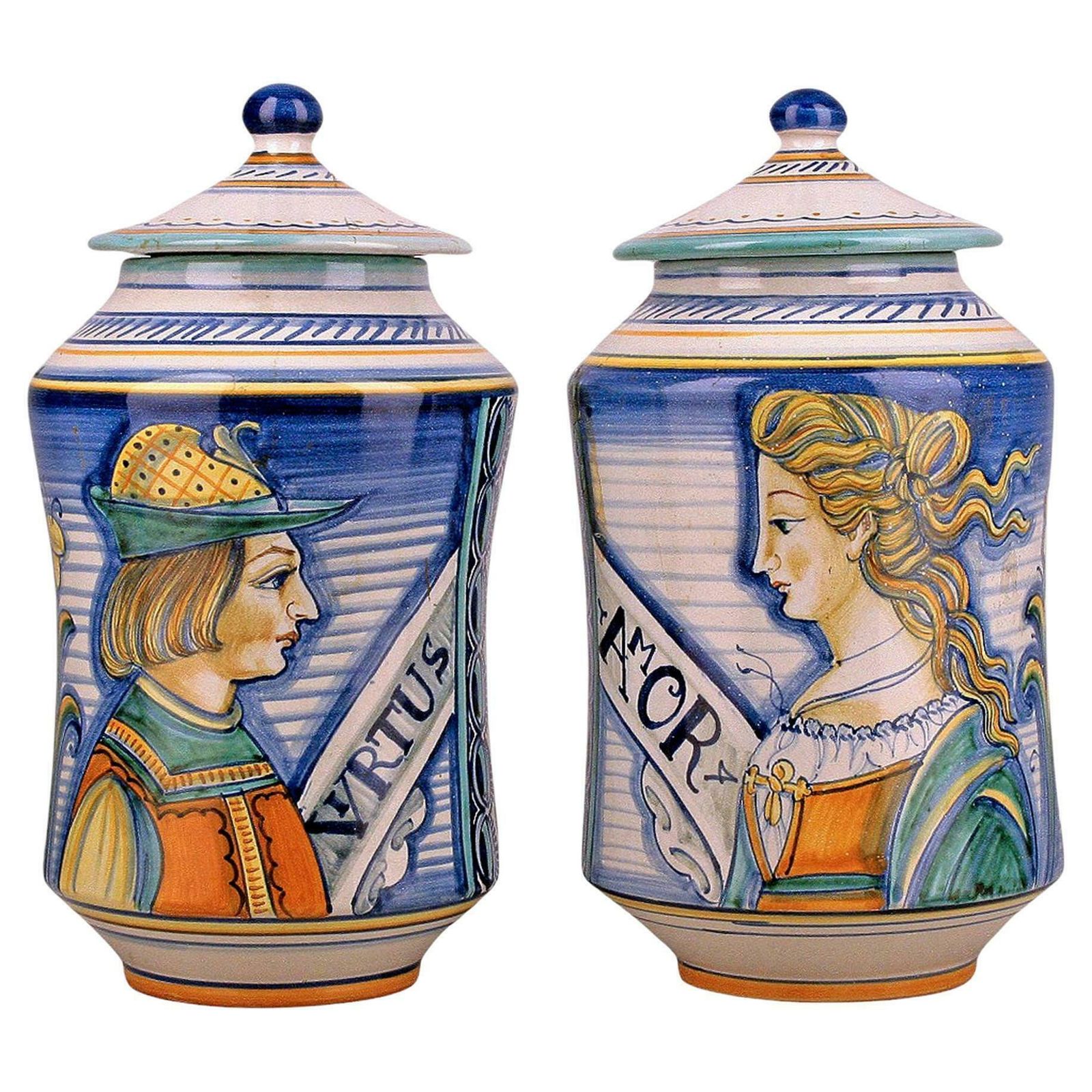 Pair Of Mid 20th Century Renaissance Revival Hand Painted Ceramic Jars With Lids By Fratelli Mari From Deruta, Italy photo vinterior