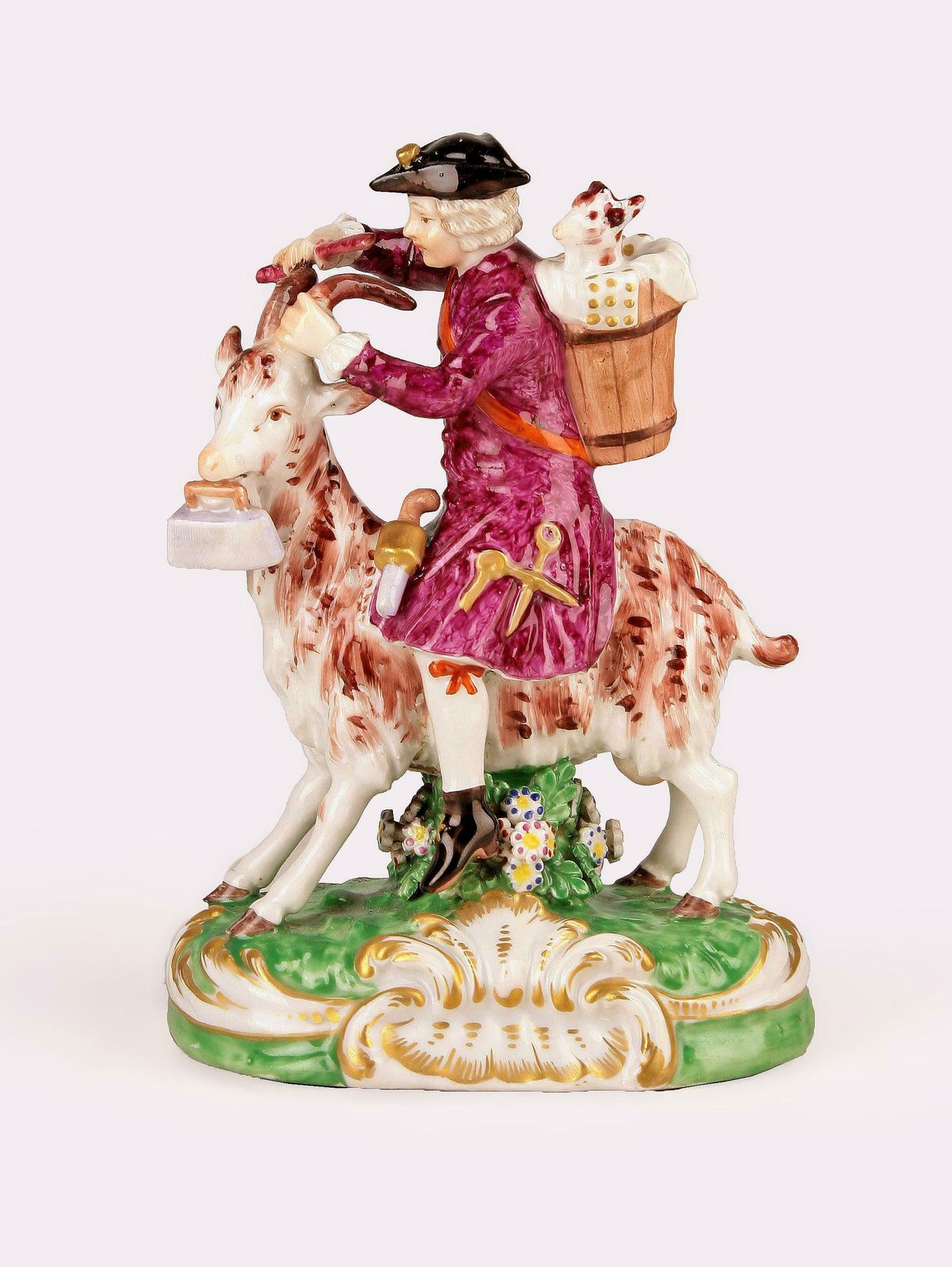 18th Century Baroque/Rococo English Glazed Painted Porcelain Of A Goat Riding Tailor By Chelsea Pottery photo furniture