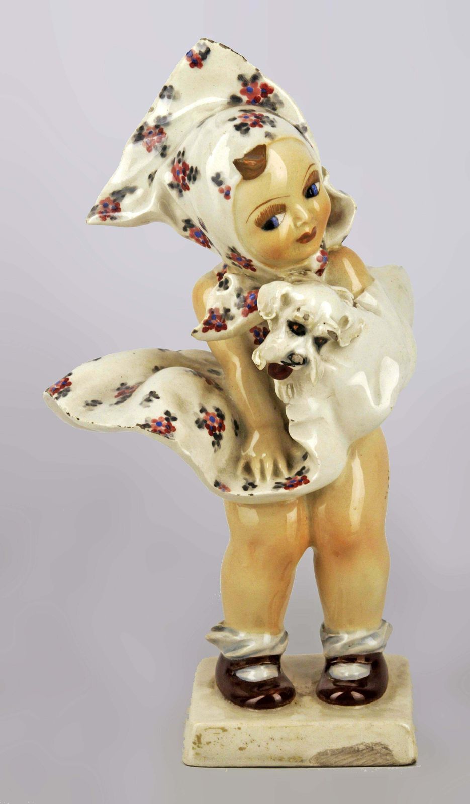 1950s Italian Torino Hand Painted Glazed Ceramic Sculpture Of A Girl With Dress And Dog Signed By C. Mollica photo furniture