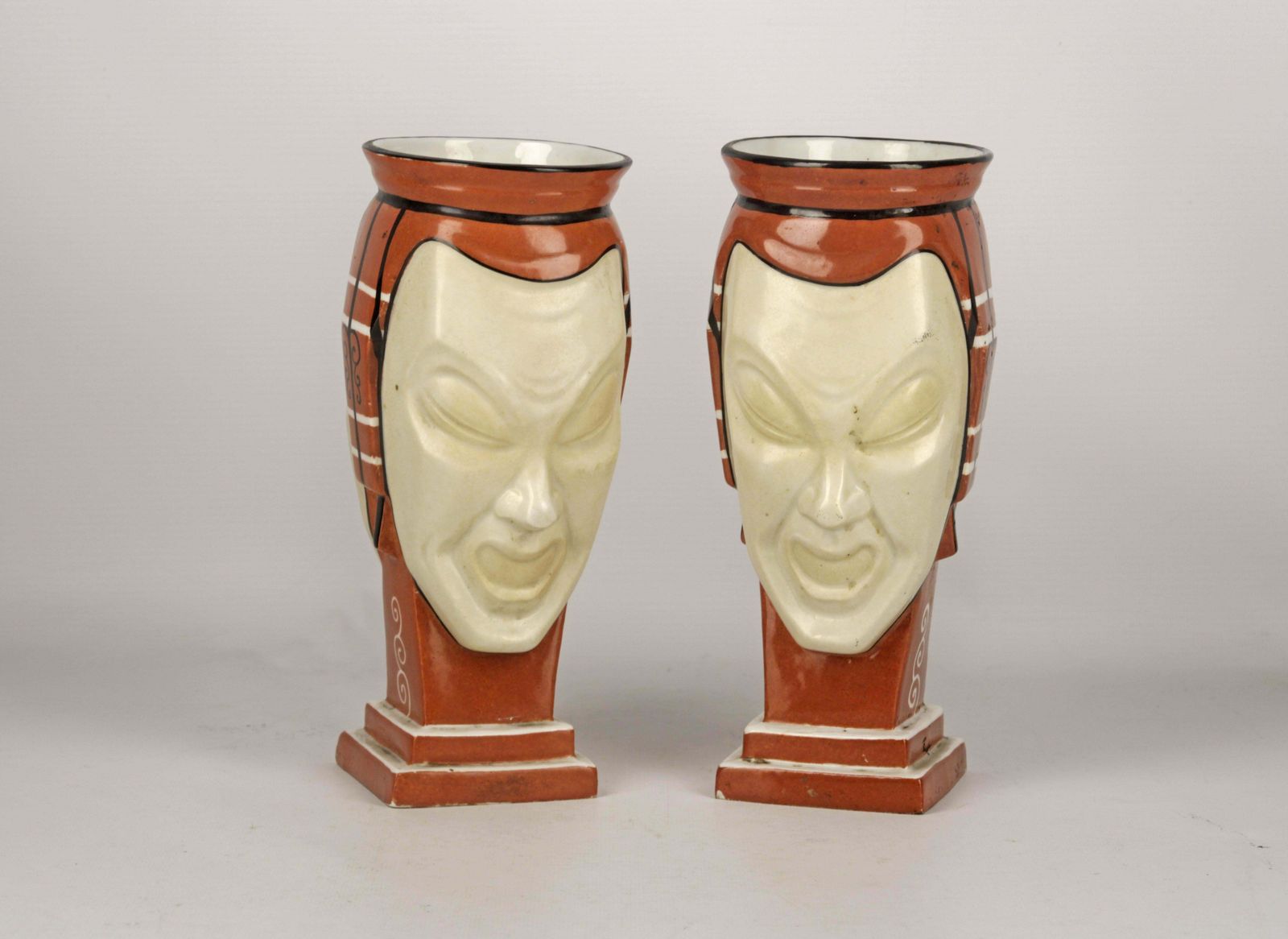 Pair Of French Vases Made Of Hand Painted Unglazed Porcelain Representing Two Faces/Masks Signed By Aladin photo furniture