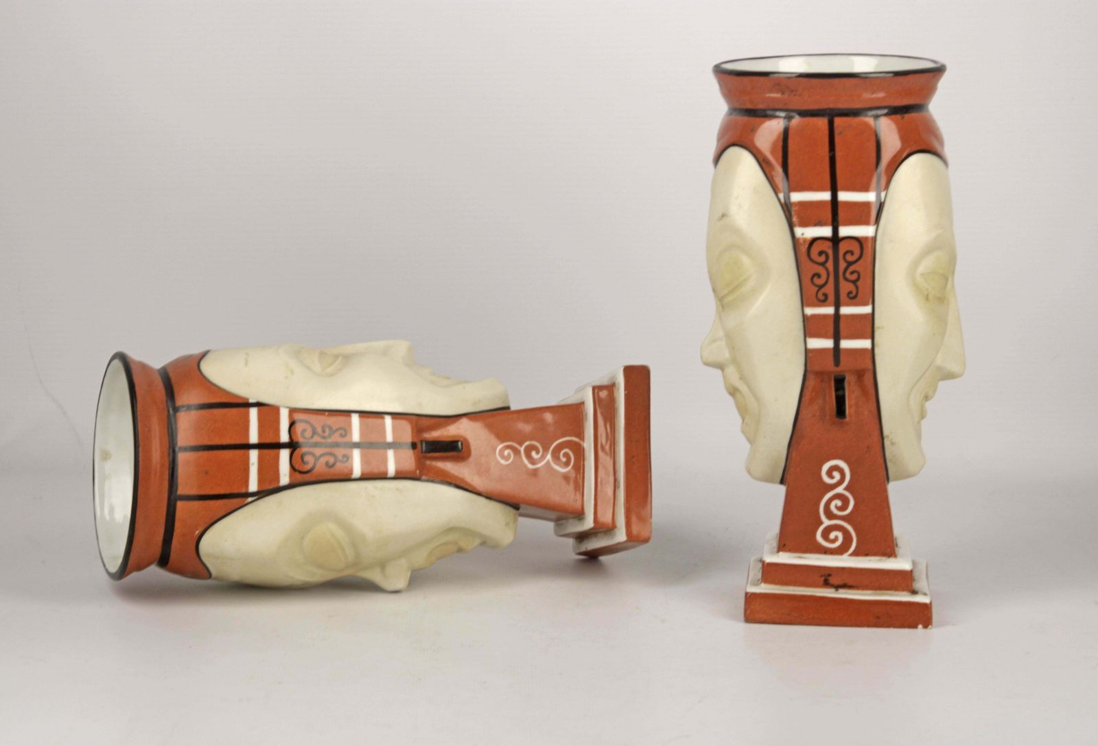 Pair Of French Vases Made Of Hand Painted Unglazed Porcelain Representing Two Faces/Masks Signed By Aladin photo Home Decor