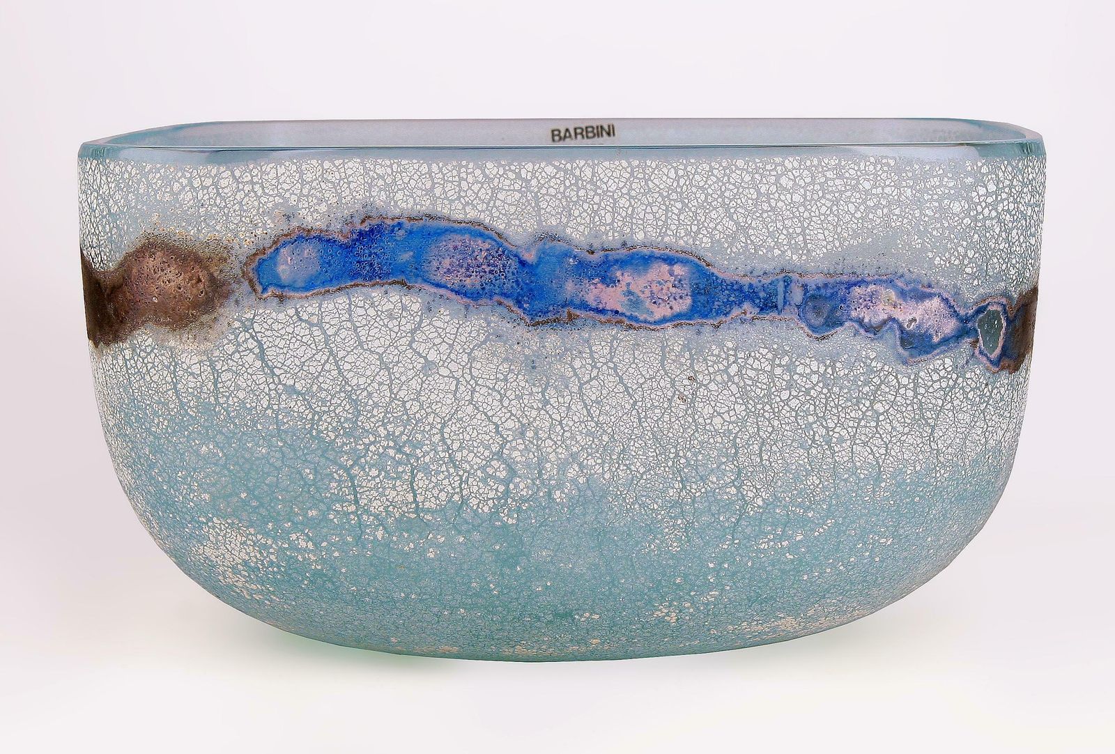 Mid 20th Century Modern Italian Frosted Murano Glass Decorative Scavo Bowl By Alfredo Barbini photo furniture