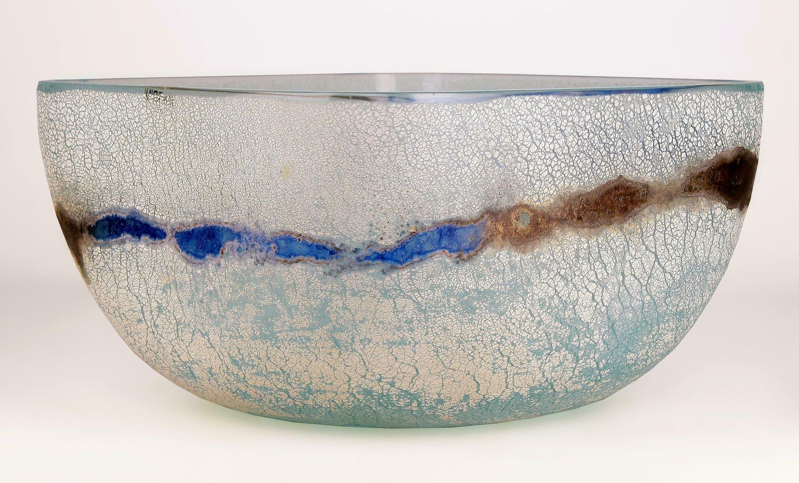 Mid 20th Century Modern Italian Frosted Murano Glass Decorative Scavo Bowl By Alfredo Barbini photo Home Decor