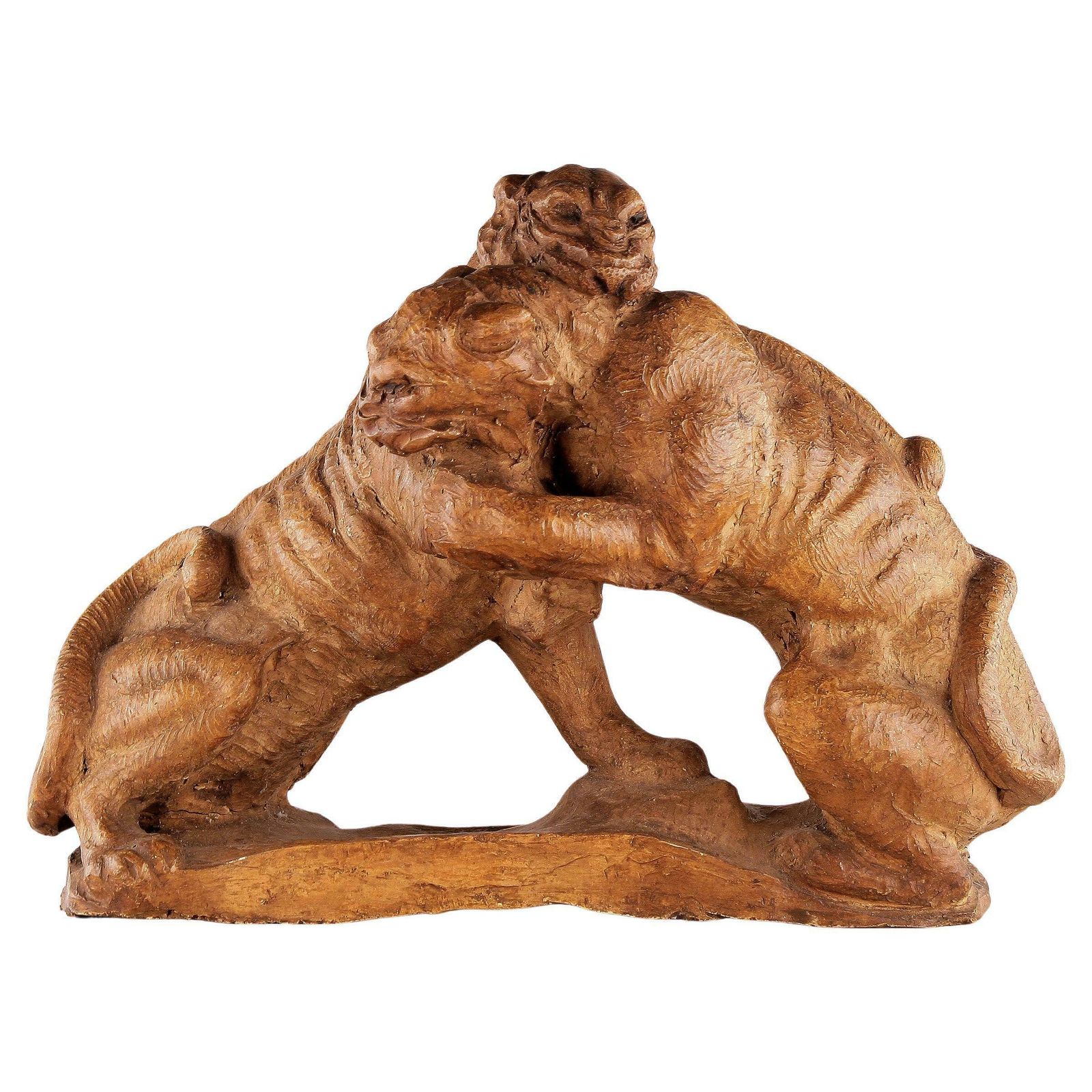 Early 20th Century French Art Déco Terracota Sculpture Of A Couple Of Felines/Panthers Fighting