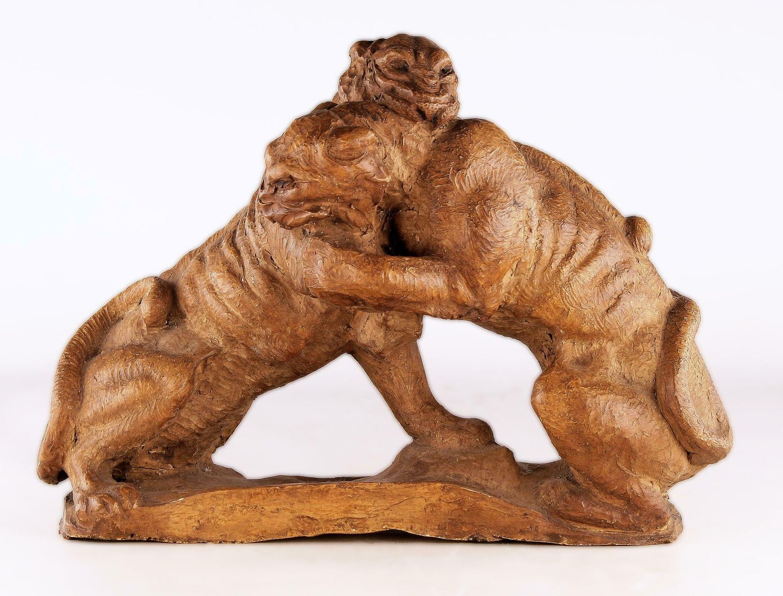 Early 20th Century French Art Déco Terracota Sculpture Of A Couple Of Felines/Panthers Fighting photo furniture