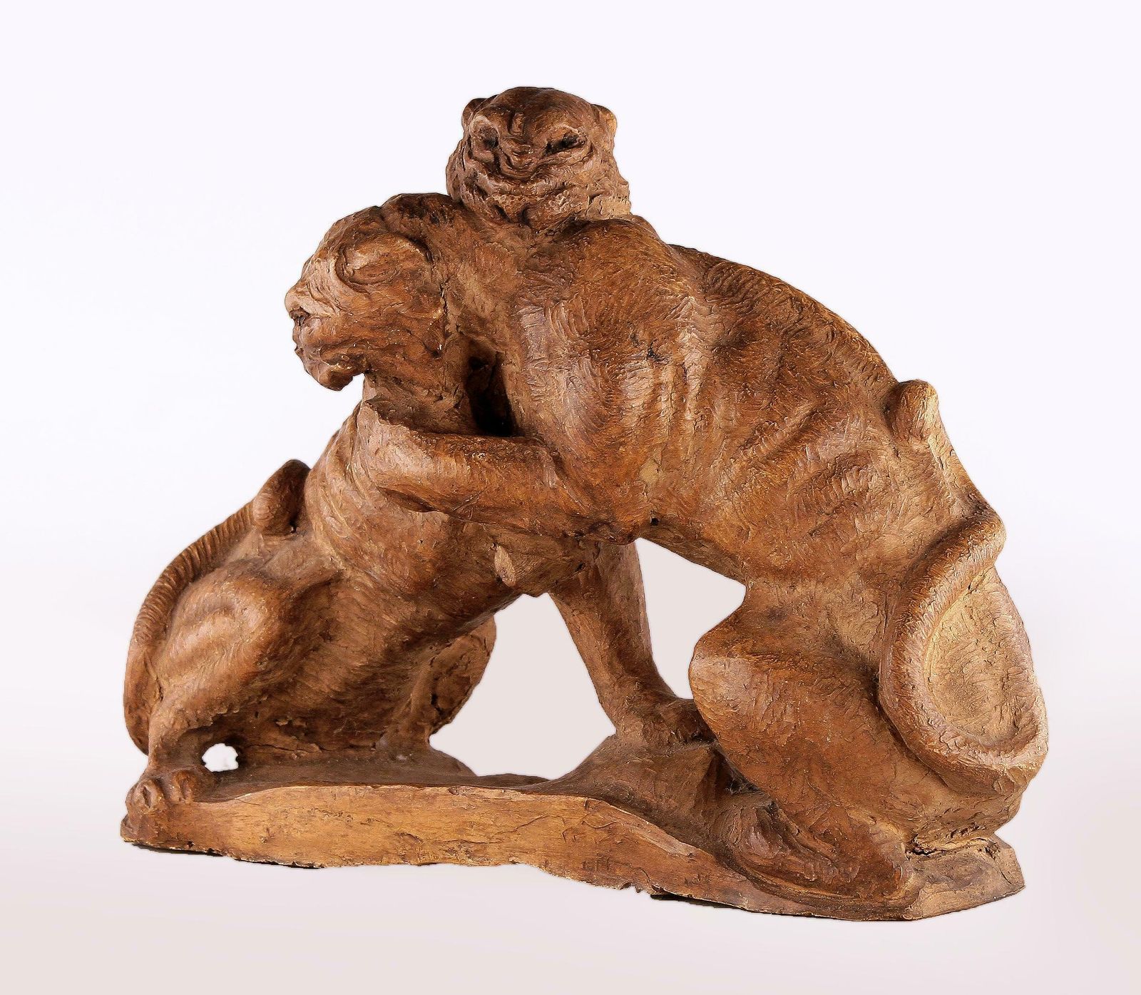 Early 20th Century French Art Déco Terracota Sculpture Of A Couple Of Felines/Panthers Fighting photo for sale
